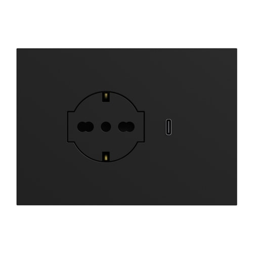 URMET - Kit supporto+placca Lybra con presa P40 Clean 2P+T 16A 250V e presa USB 3.0A Tipo C 3 moduli Nero 27850.N