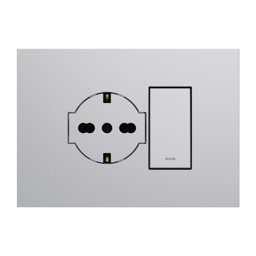 URMET - Kit supporto+placca Lybra con presa P40 Clean 2P+T 16A 250V e deviatore 1P 10AX 3 moduli Alluminio