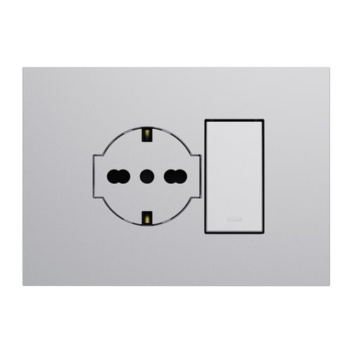 URMET - Kit supporto+placca Lybra con presa P40 Clean 2P+T 16A 250V e pulsante 10A 3 moduli Alluminio 27853.AL