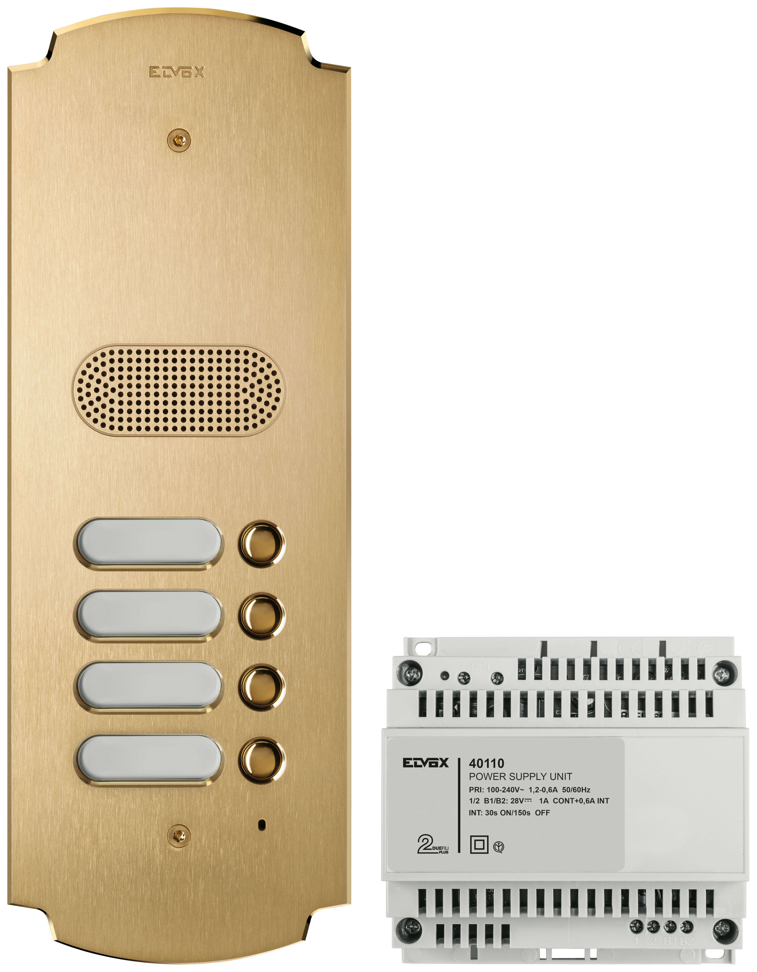 VIMAR - Kit Audio Espandibile Due Fili Plus con Placca e Moduli in Ottone Satinato, Unità Elettronica, Scatola da Incasso e Alimentatore