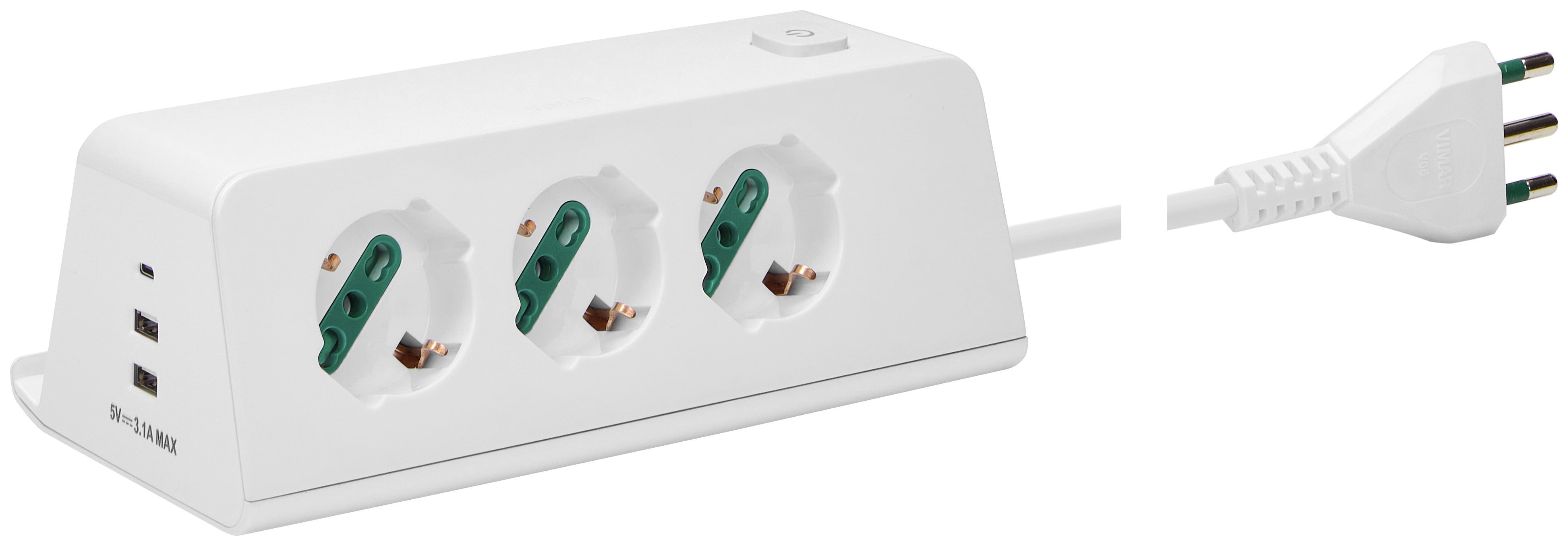 VIMAR - Presa Scrivania con 3 Uscite USB e Carica Wireless, Interruttore 2P 16A, Alimentatore USB 15,5W, Spina 2P+T 16A Bianca