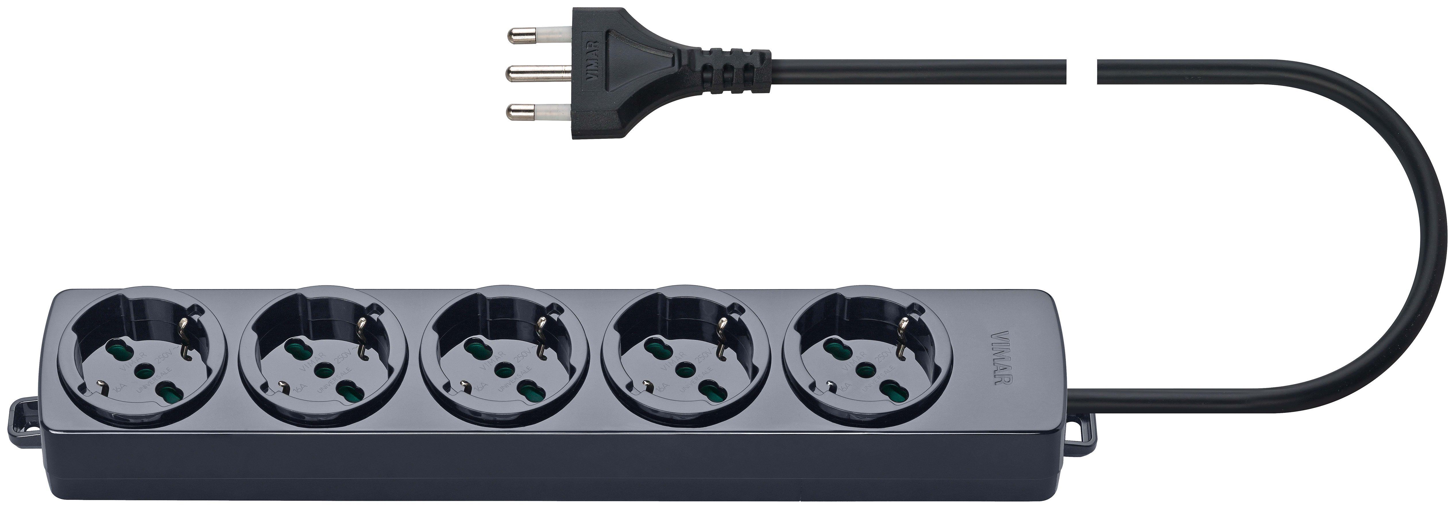 VIMAR - Presa Multipla Universale con Cavo Nero, 5 Uscite Sicury Standard Italiano, 2P+T 16A 250V, 2M 3 Conduttori 1,5mm2, Potenza 3680W