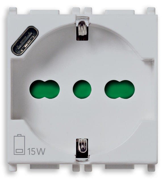 VIMAR - Presa Universale con Usb C Silver Sicury Standard Italiano P40, Alimentatore 15 W 3 A 5 V Uscita Tipo C Dispositivi Elettronici 2 Moduli