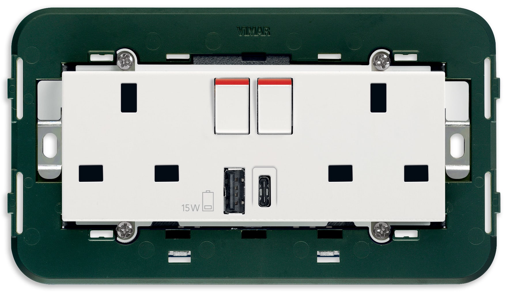 VIMAR - 2PRESE 2P+T13ABS+INT.ROSSO+USBA+C BIANCO