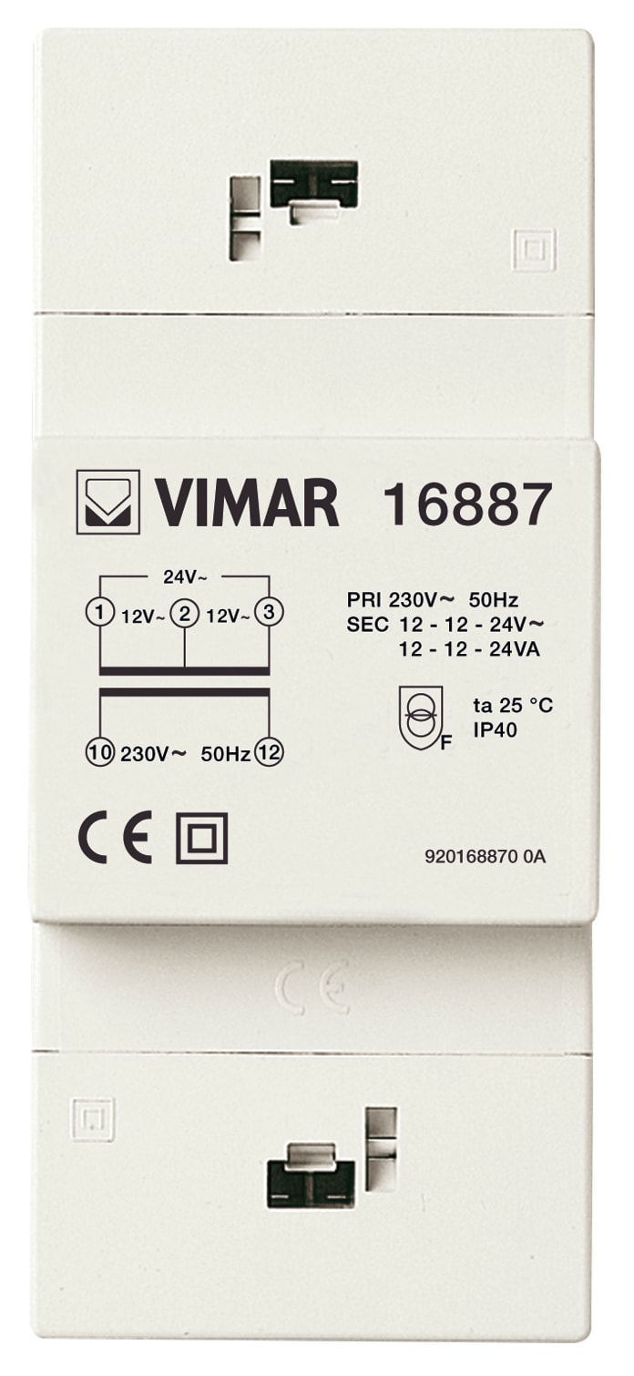 VIMAR - Trasformatore Sicurezza 230/12-24V - 24 Va, Servizio Continuo, Guida Din (60715 Th35), 3 Moduli 17,5 Mm, Grigio Ral 7035