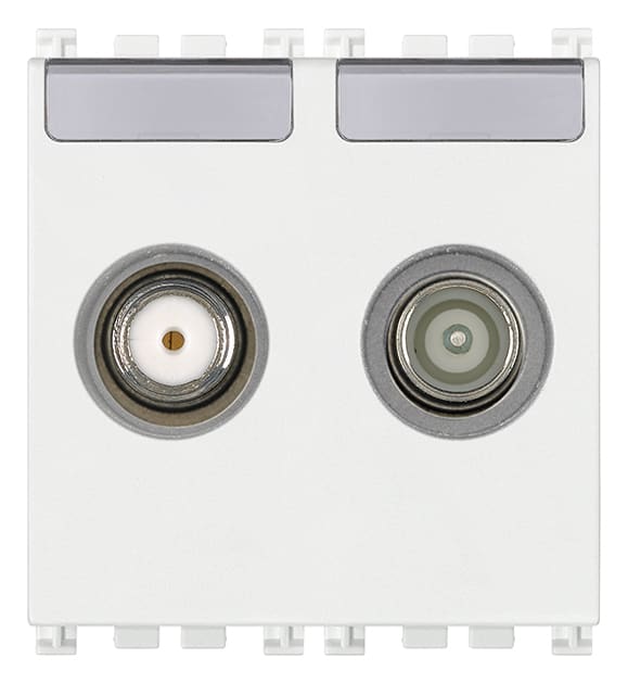 VIMAR - Presa TV-RD-SAT Passante 2 Uscite Bianco - Coassiale 5-2400 Mhz, Demiscelata, Attenuazione 10 Db, Connettore Maschio e Femmina F, 2 Moduli