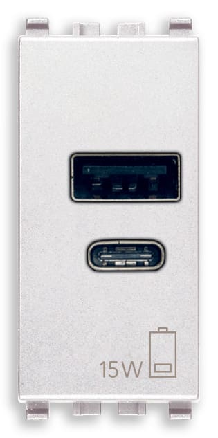 VIMAR - Alimentatore USB 15W 5V 3A Bianco per Dispositivi Elettronici con Uscita Tipo A e C - Carica Due Dispositivi Contemporaneamente - Modulo 1