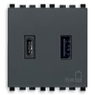 VIMAR - Alimentatore USB 15W 3A 5V Grigio - 1 Uscita Tipo A e 1 Uscita Tipo C - Carica 2 Dispositivi Contemporaneamente - 120-240V 50/60Hz