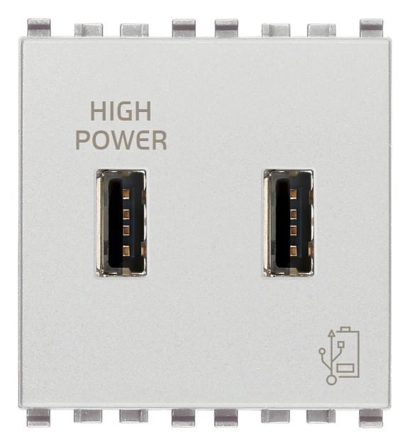 VIMAR - Unità di Alimentazione USB 5V 2,1A per Dispositivi Elettronici con 2 Uscite Frontali, Ottimizzate per Caricare Tablet e Smartphone