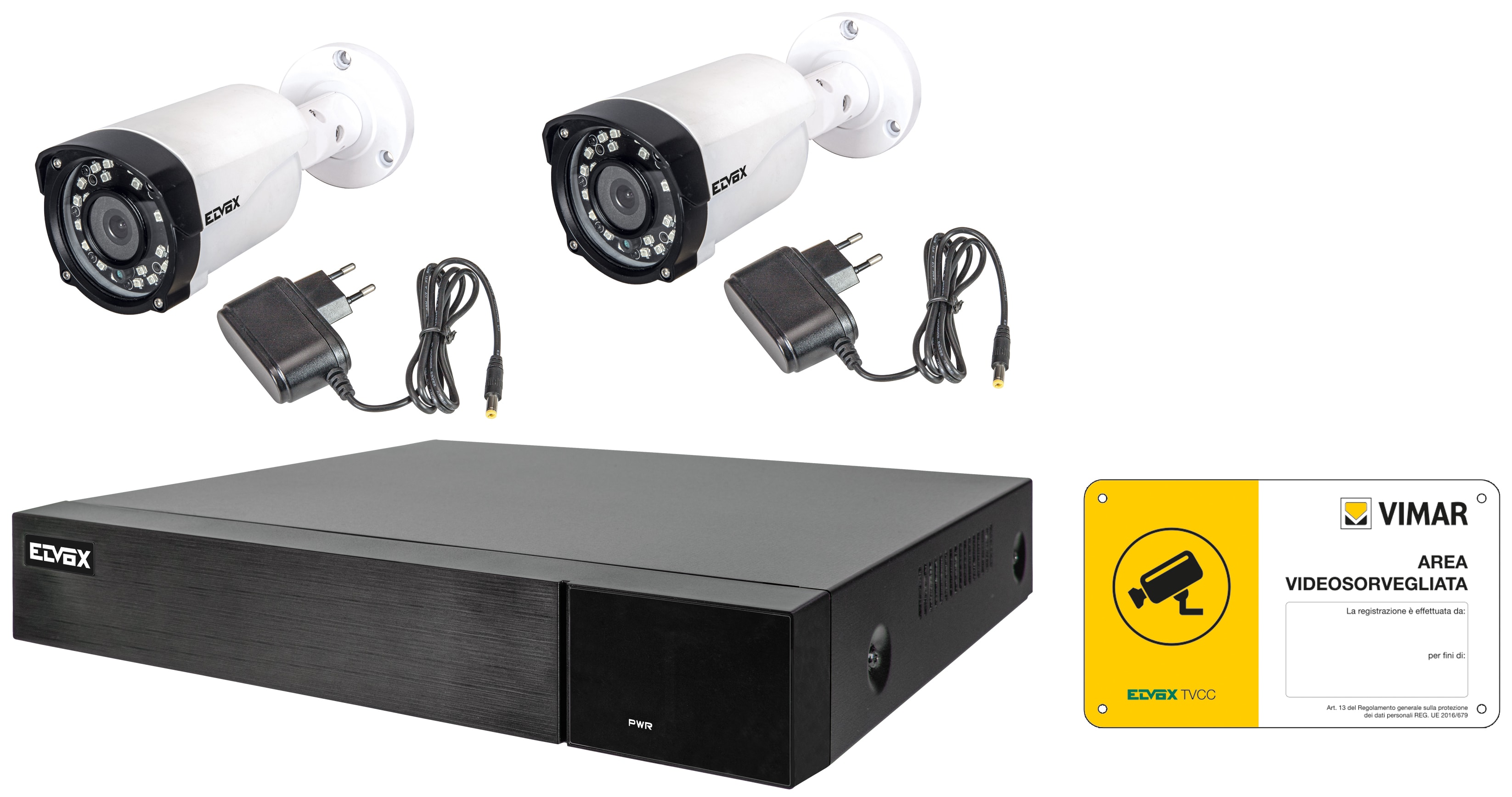 VIMAR - Kit AHD 4 canali con 2 telecamere bullet 5Mpx, DVR ibrido 4+2 canali, HDD 1TB, compressione H.265, 2 alimentatori, cartello videosorveglianza.