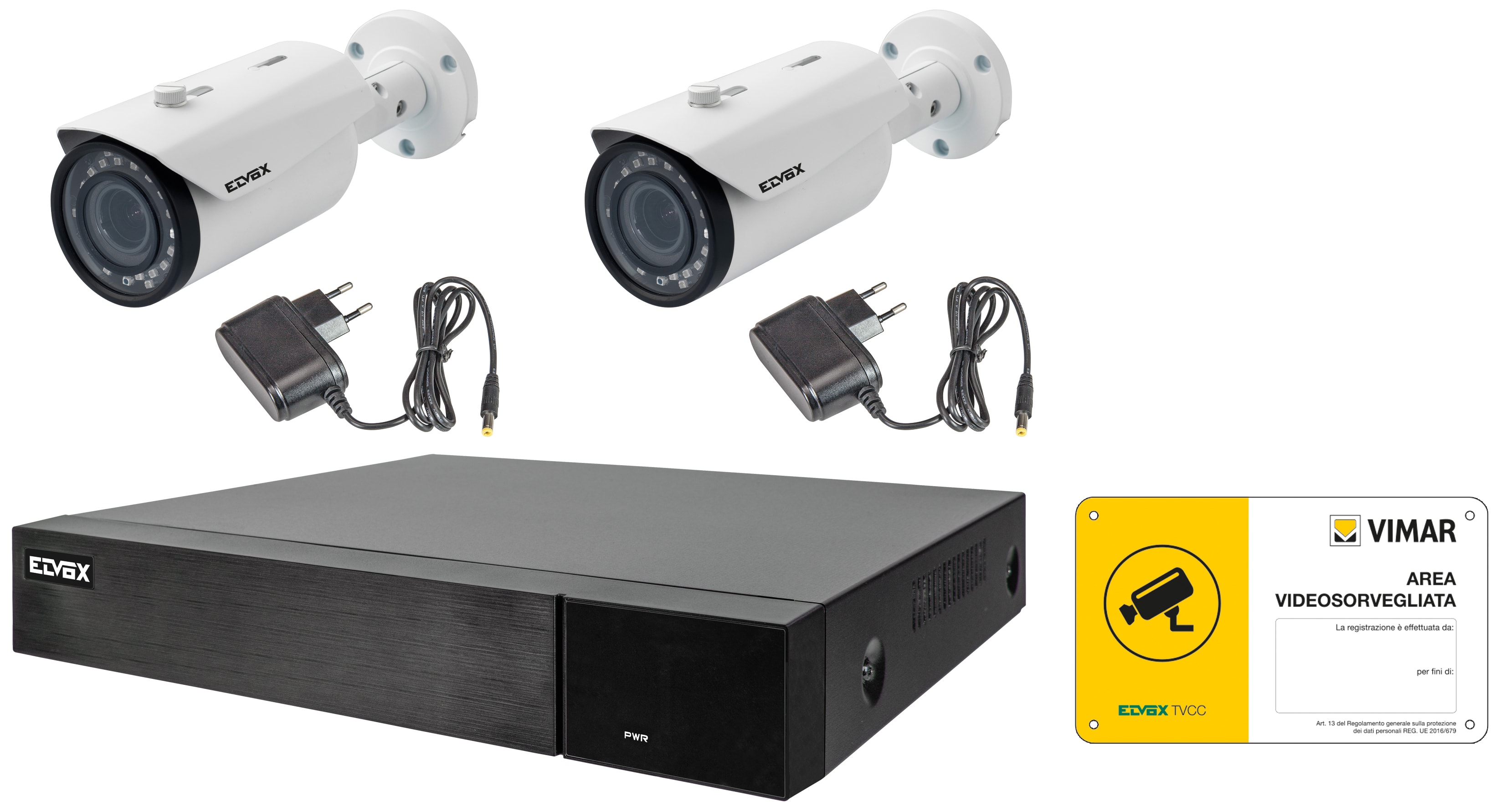 VIMAR - Kit AHD 8 canali con DVR ibrido 8+4 canali, HDD 1TB, 2 bullet 5Mpx, compressione H.265, 2 alimentatori, cartello videosorveglianza.