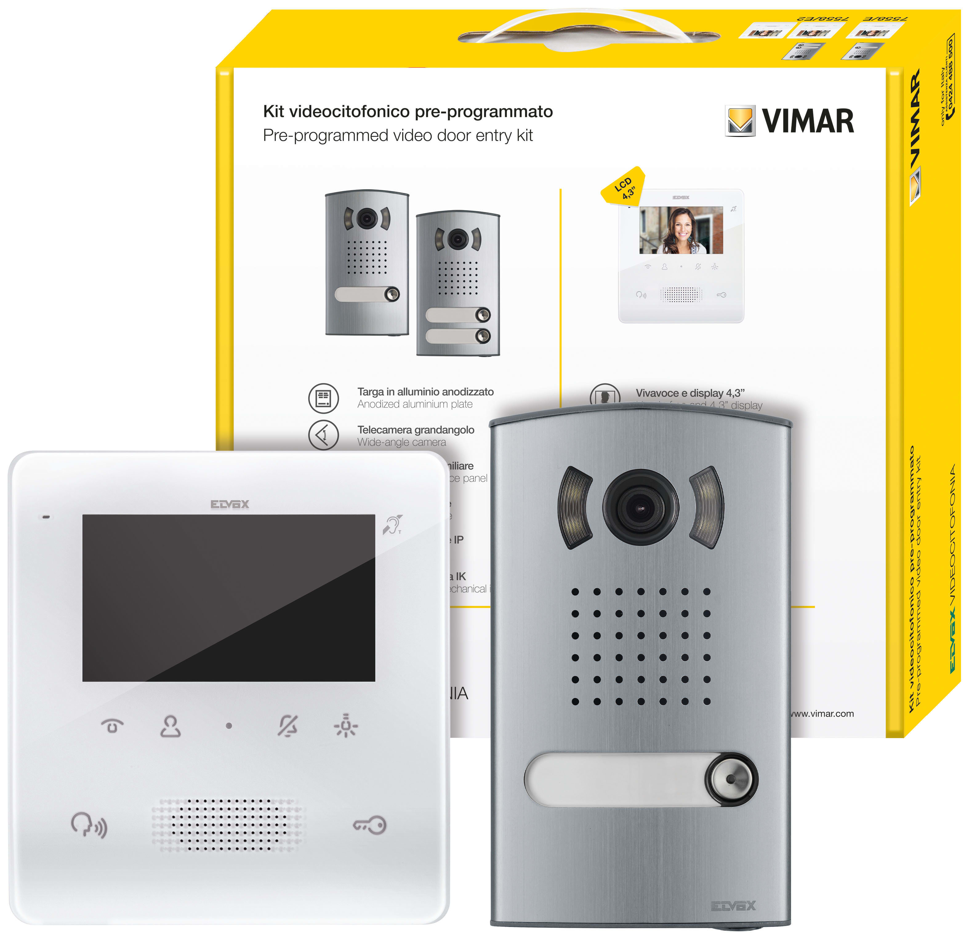 VIMAR - Kit videocitofonico monofamiliare vivavoce a colori Due Fili Plus con targa in alluminio, unità audio/video, videocitofono 4,3 pollici, alimentatore. 7558/E