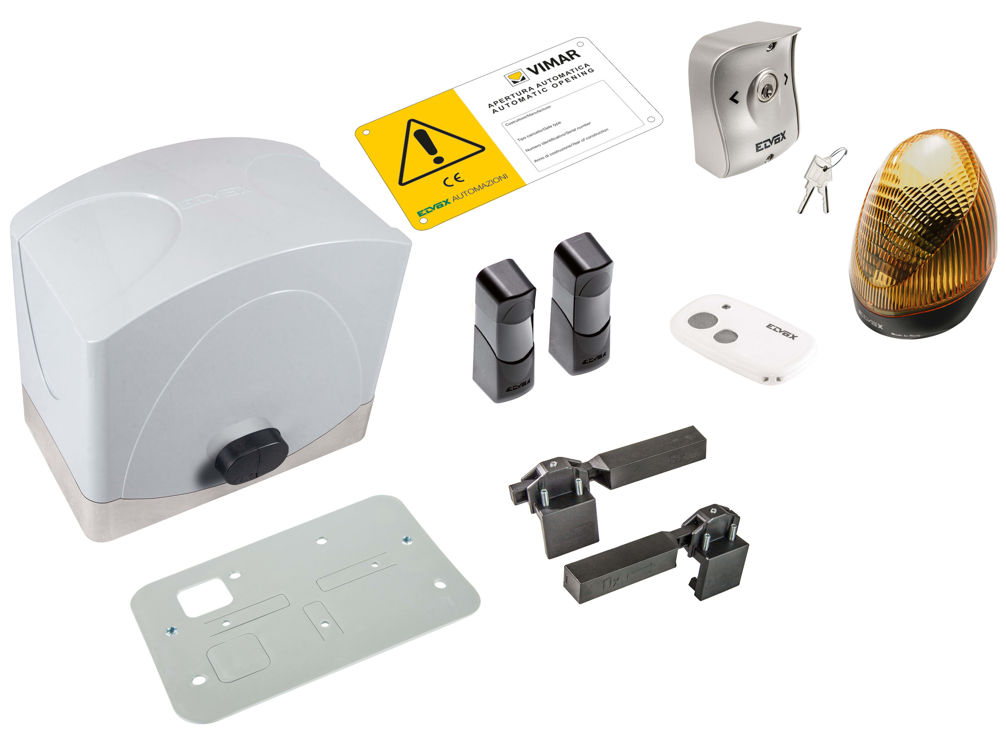 VIMAR - Kit ACTO 600D scorrevoli 24V 600kg per cancelli, include attuatore, lampeggiante LED, radiocomando, fotocellule, selettore, cartello, piastra. EK02