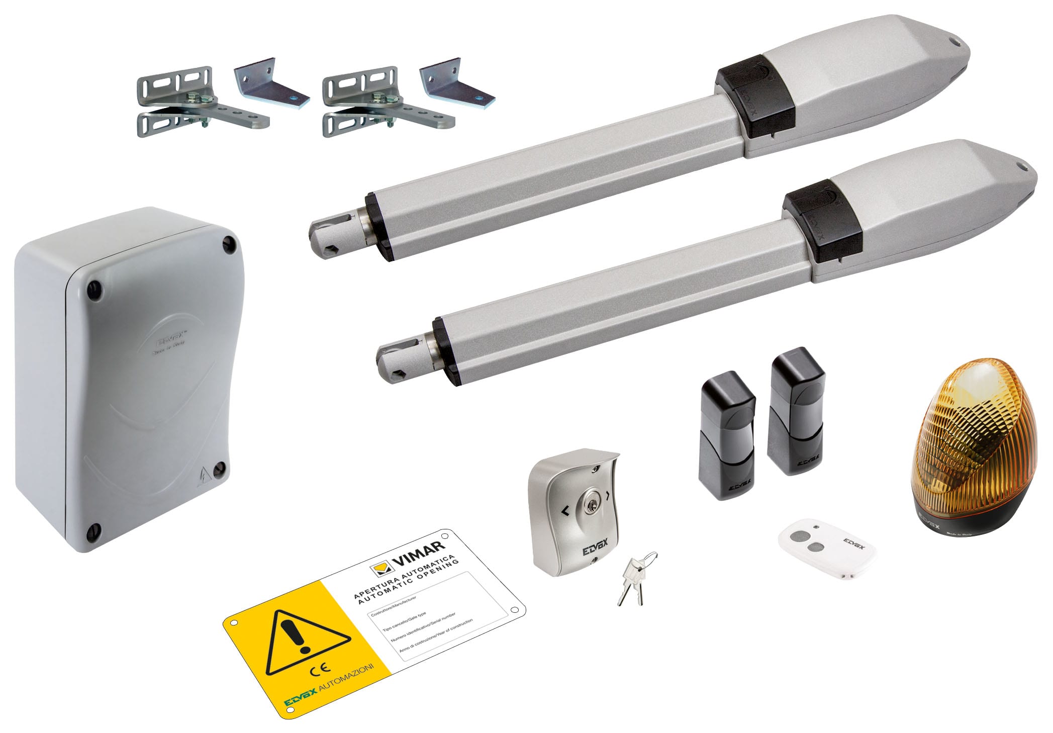 VIMAR - Kit ekko 300d lineare 24v 3m 300kg per cancelli battenti. Include attuatori, centrale, lampeggiante, radiocomando, fotocellule, selettore, cartello.