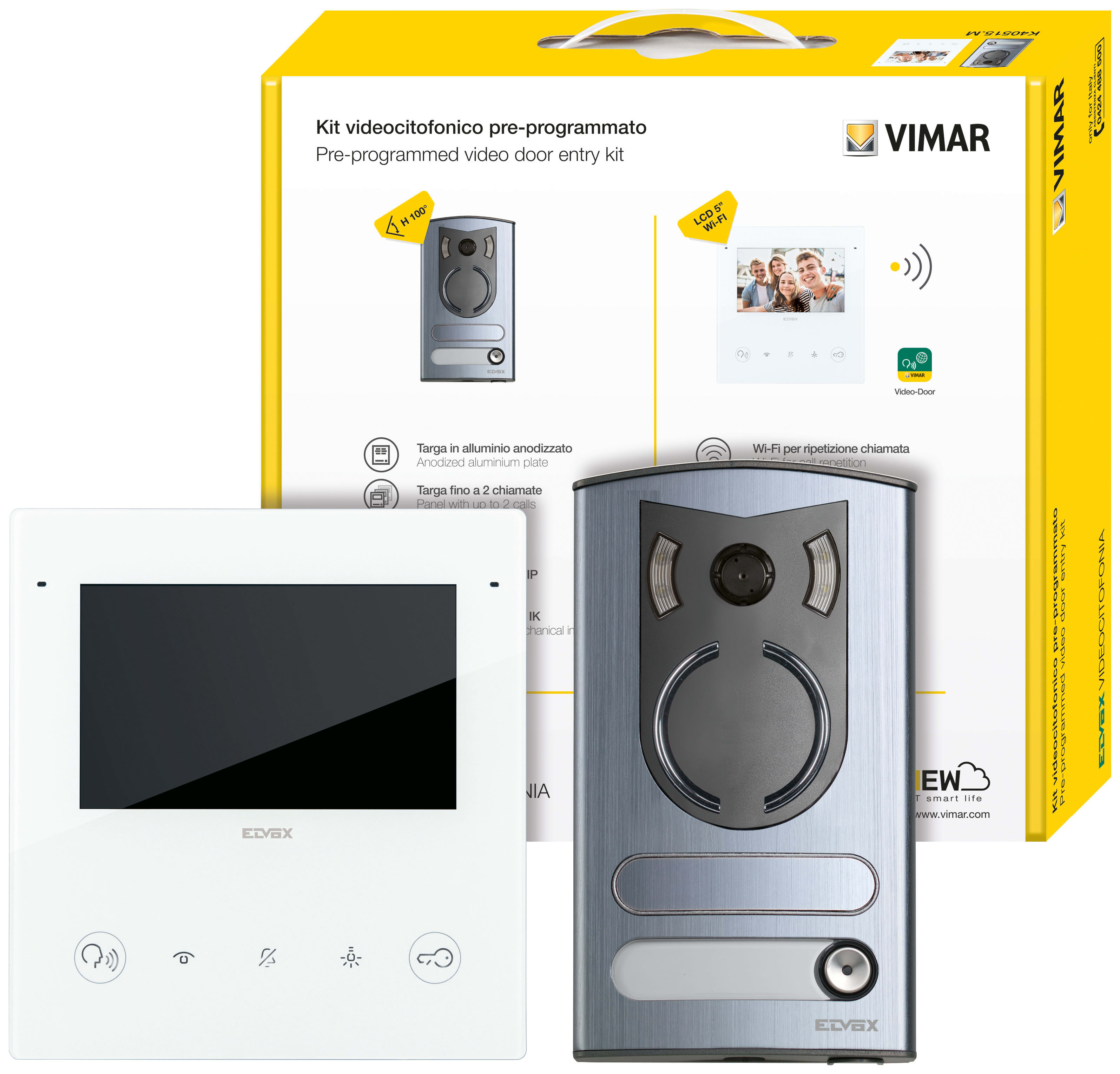 VIMAR - Kit videocitofonico bifamiliare Tab 5S Up Wi-Fi con ripetizione chiamata su smartphone, targa 1300, unità audio/video 13F2.1, alimentatore 40110.