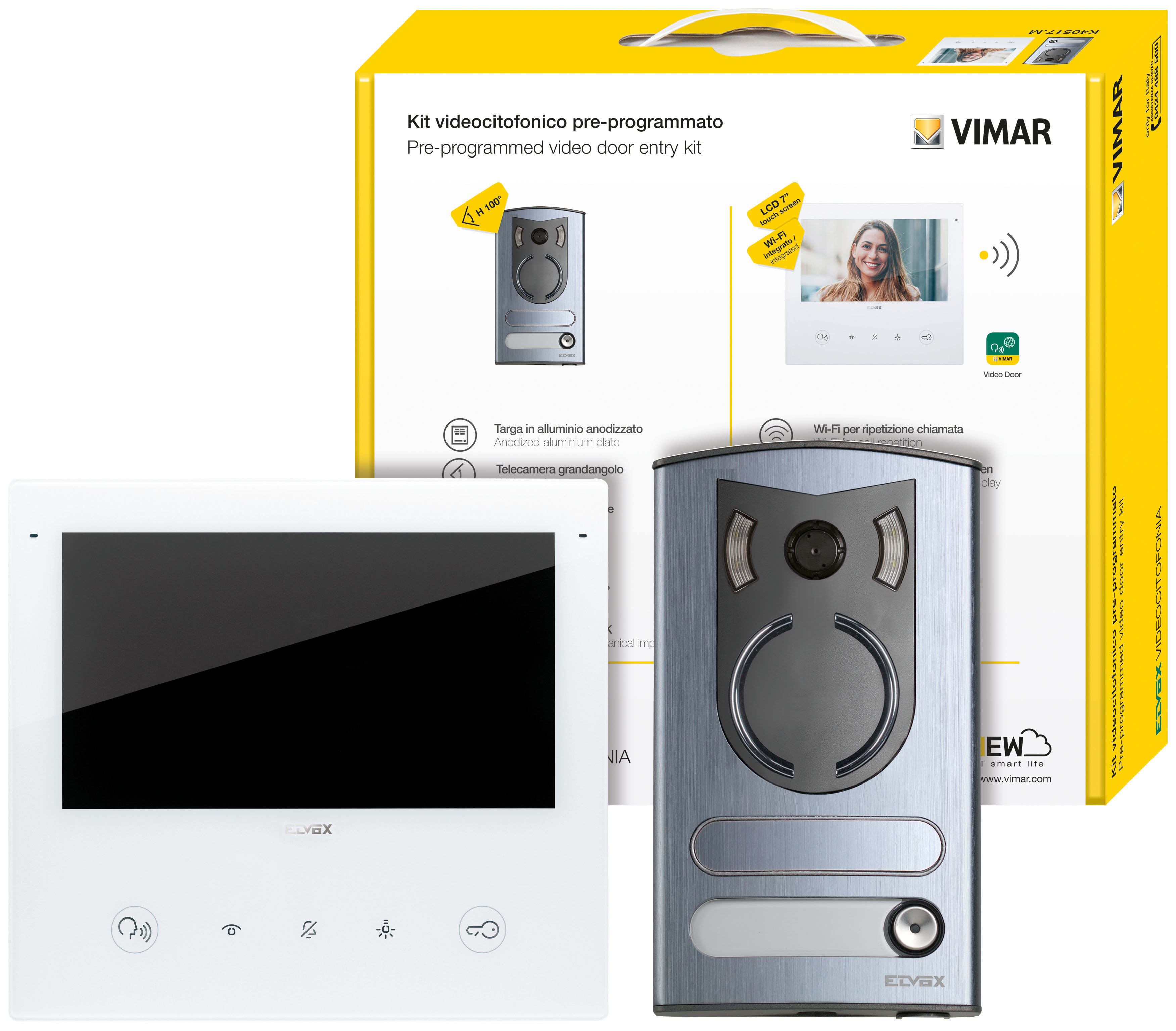 VIMAR - Kit videocitofonico bifamiliare vivavoce a colori Due Fili Plus con videocitofono TAB 7S UP Wi-Fi e unità audio/video a colori 13F2.1. K40517.M