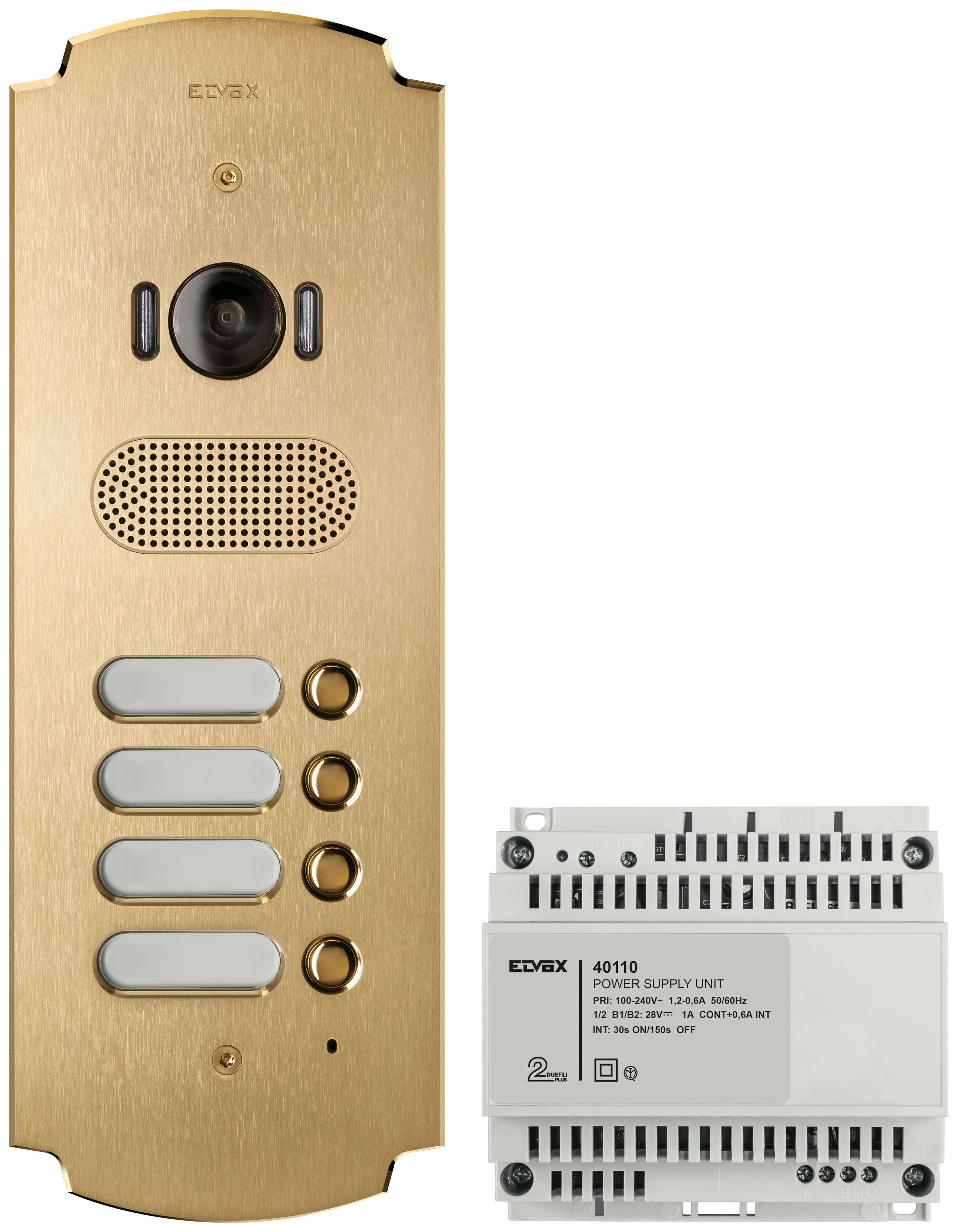 VIMAR - Kit Patavium 2F+ A/V 4 Pulsanti Ottone - Placca 2 Moduli Satinato, Unità Elettronica Audio/Video, Scatola Da Incasso, Alimentatore K41624