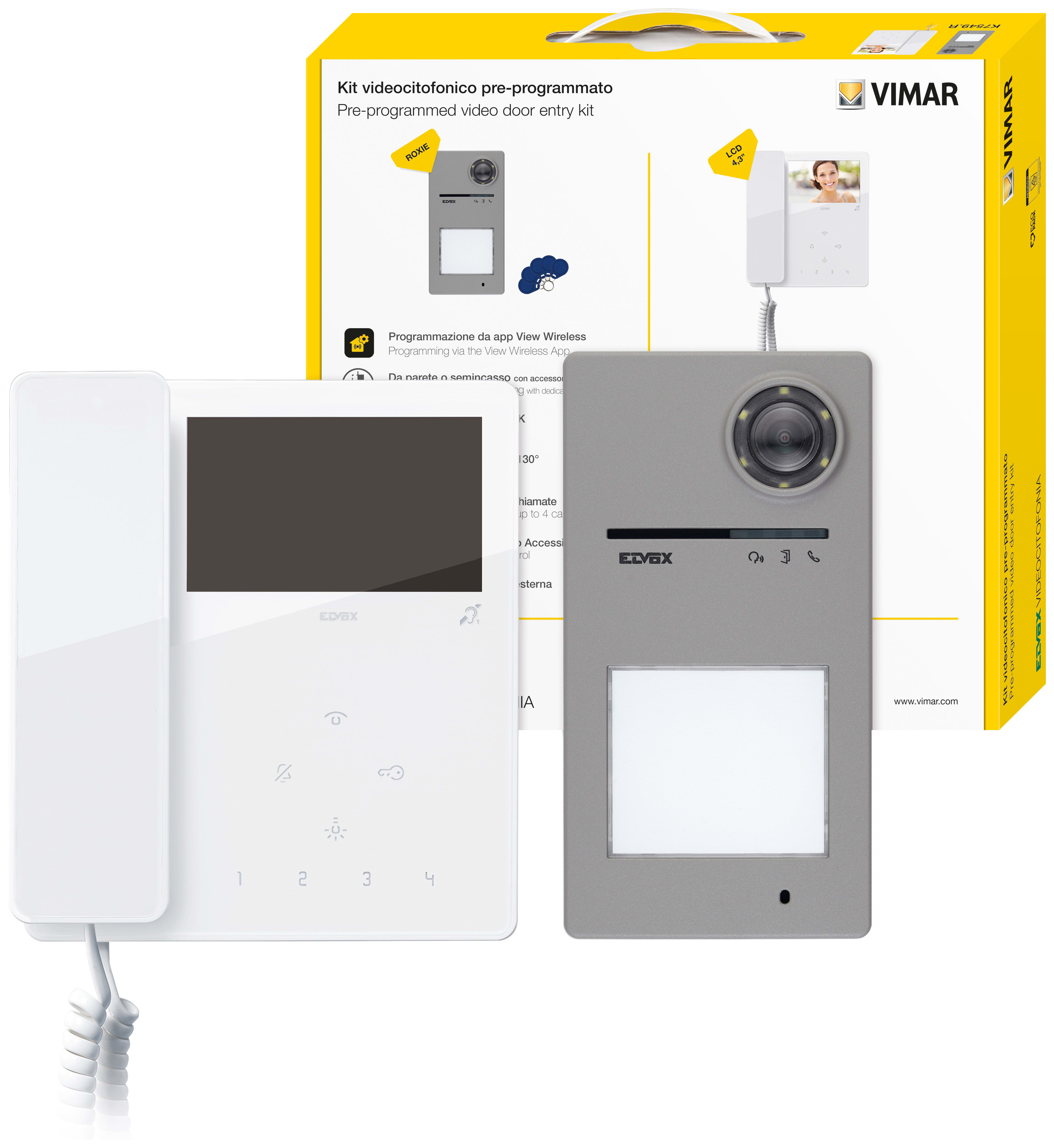 VIMAR - Kit Videocitofonico Due Fili Plus Espandibile A Colori con Videocitofono Tab 4,3" Bianco, Targa Roxie e Accessori K7549.R