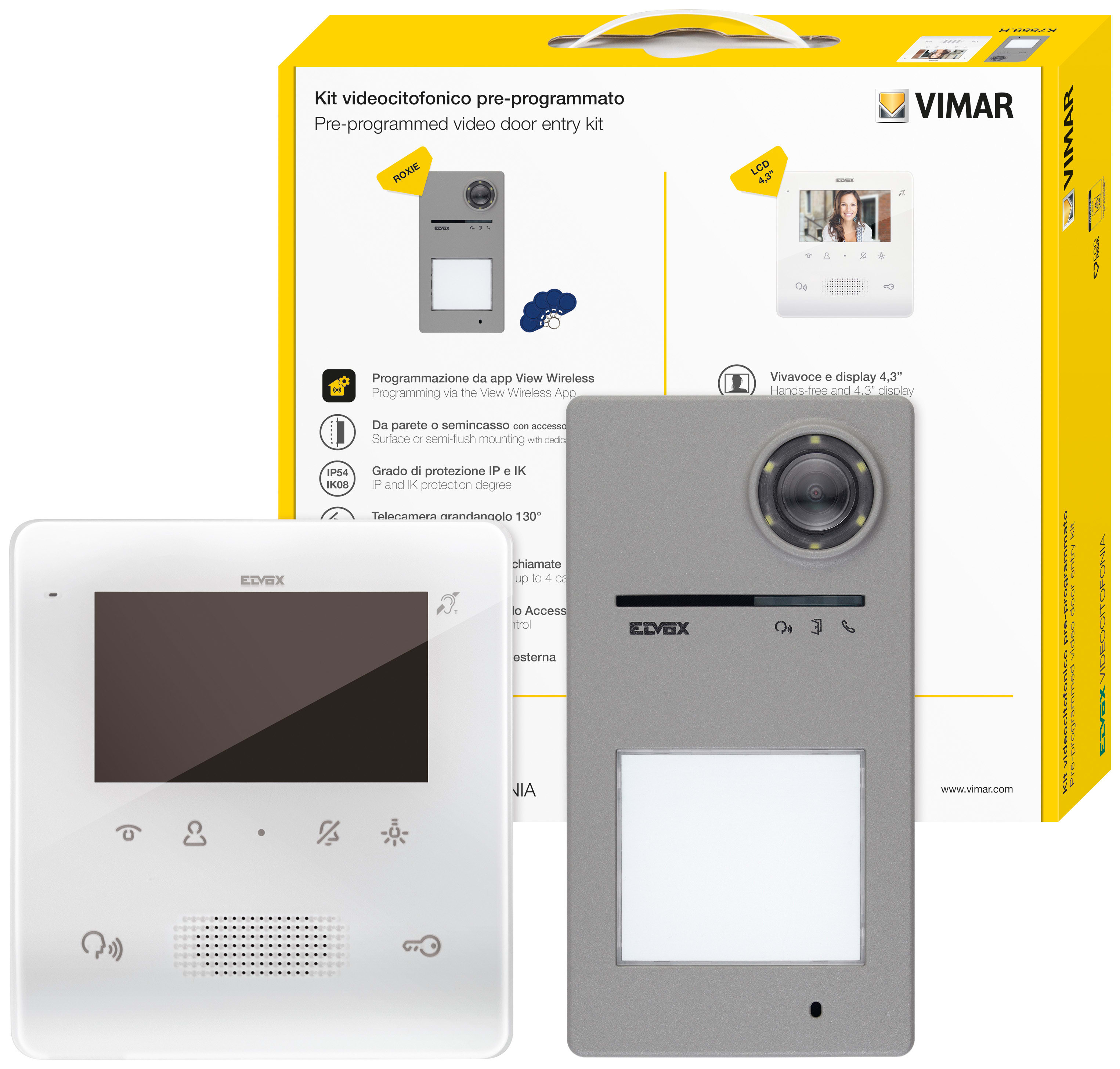 VIMAR - Kit Videocitofonico Due Fili Plus Espandibile A Colori con Videocitofono Vivavoce Tab Free 4,3" Bianco, Targa Roxie e Accessori K7559.R