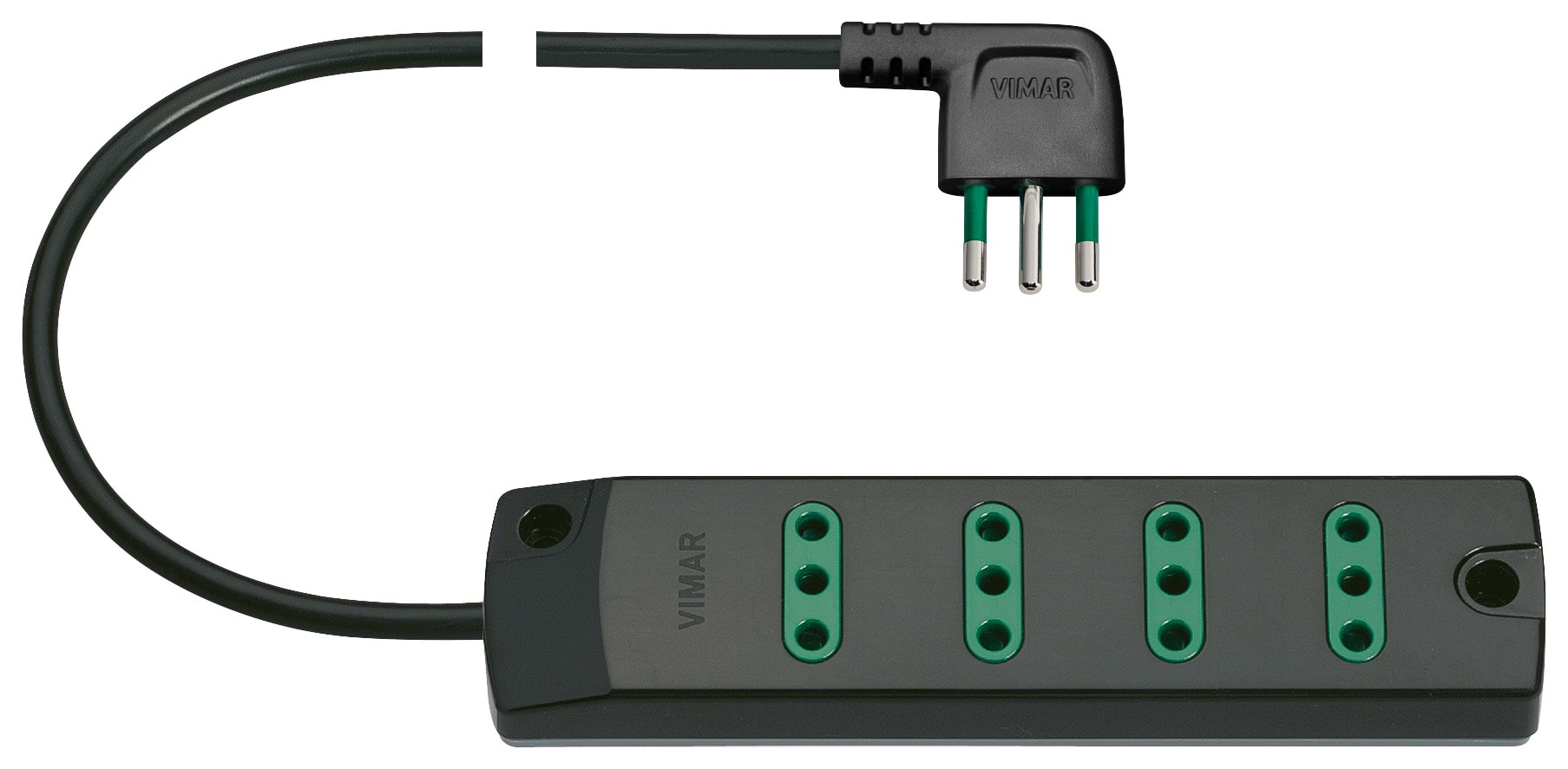 VIMAR - Presa mobile multipla 4 uscite Sicury standard italiano nero 2300W 10A 250V~ 1,5m 3 conduttori 0,75mm2 90°. 00401.CC