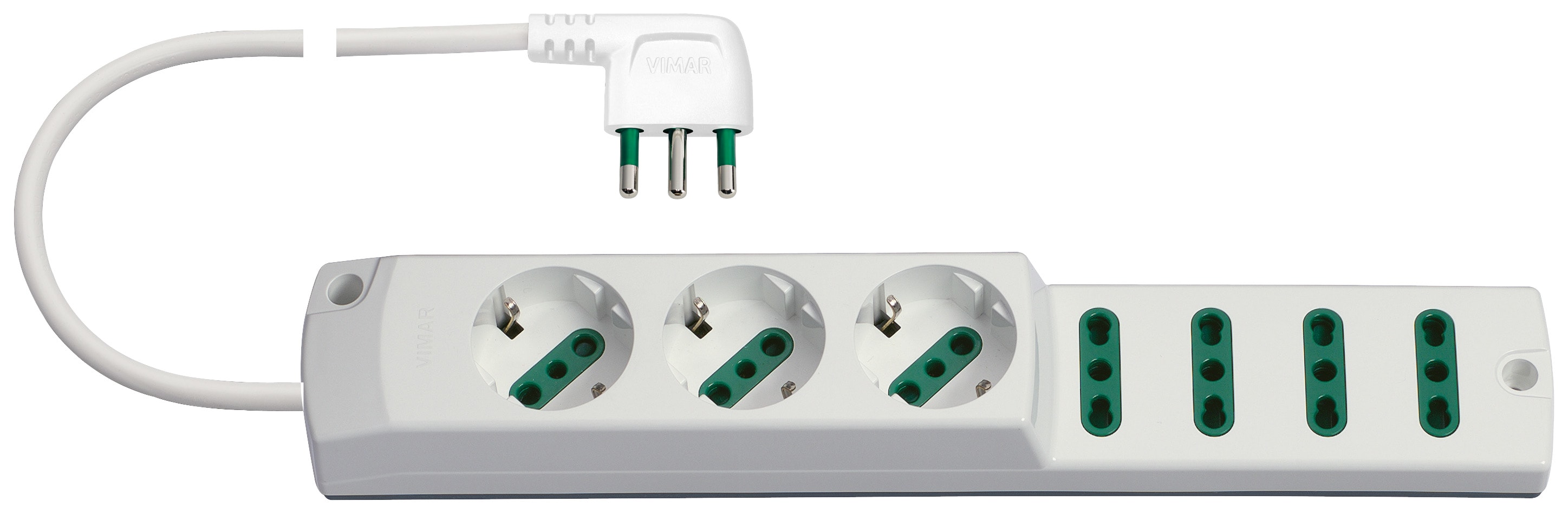 VIMAR - Presa Multipla 3P30+4P17/11+S17 Bianco - 2P+T 16A 250V, 3 Uscite P30, 4 Uscite P17/11, Cavo 1,5m 3 Conduttori 1mm2, Spina S17 90°, Potenza 3680W 00424.CC.B