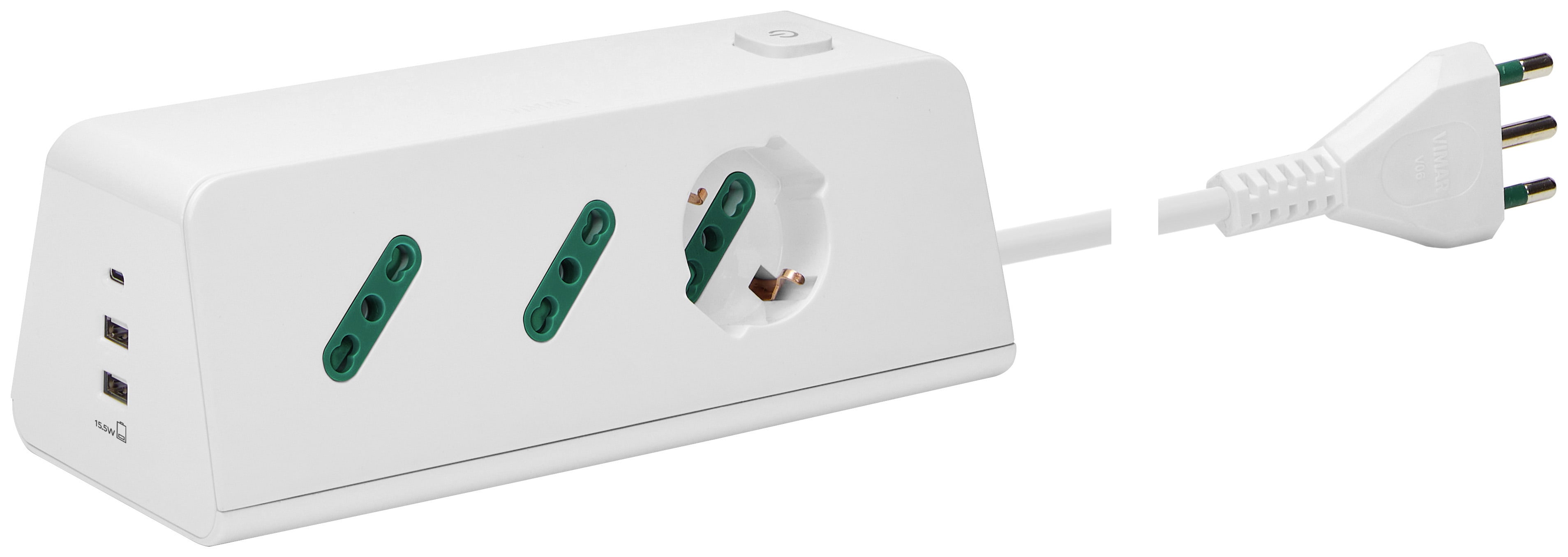 VIMAR - Presa scrivania 1univ+2P17/11+3USB+S17 b, multipla da scrivania 2P+T 16A 250V, 1 uscita universale, 2 uscite P17/11, USB 15,5W, cavo 2m, bianco.
