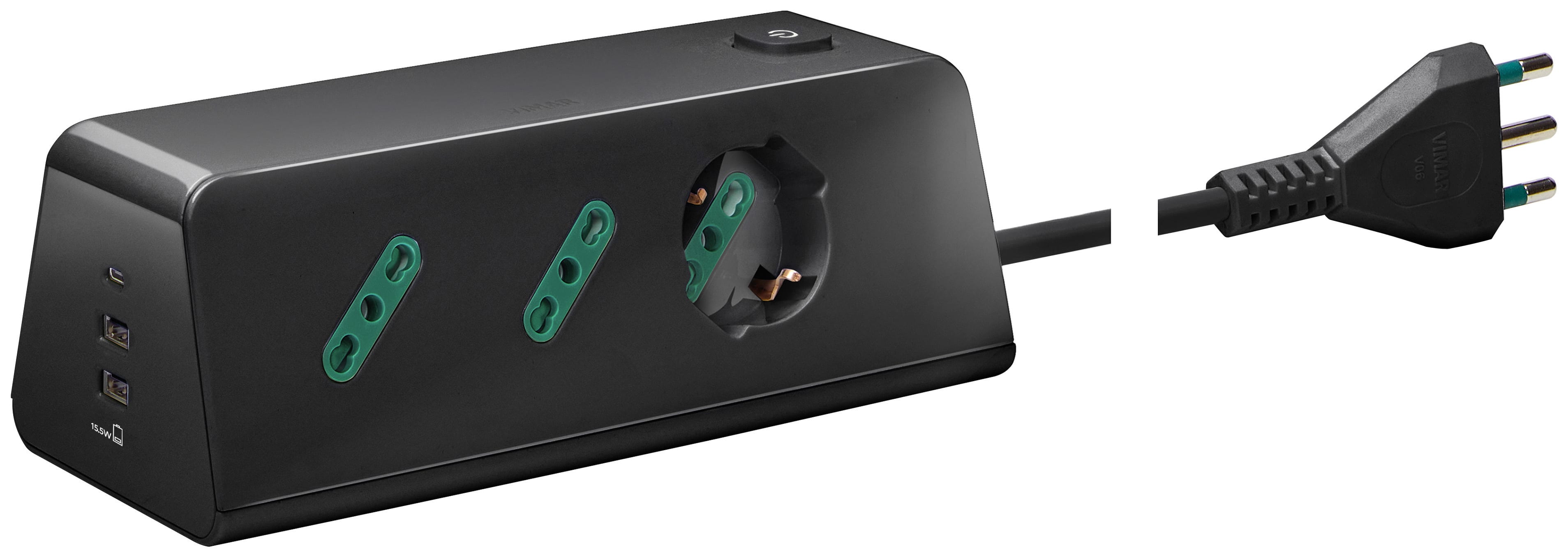 VIMAR - Presa scrivania 1univ+2P17/11+3USB+S17 n, multipla da scrivania 2P+T 16A 250V, 1 uscita universale, 2 uscite P17/11, USB 15,5W, cavo 2m, spina S17.