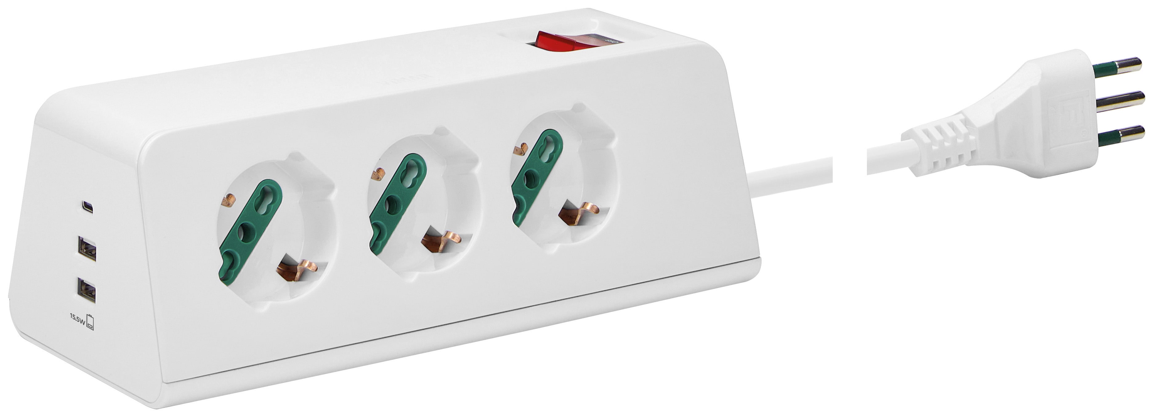 VIMAR - Presa da scrivania 3 universali, 3 USB, S11, cavo 2m, 3 uscite Sicury, interruttore 10A, USB 15,5W, 3,1A, 5V, 2 USB A, 1 USB C, bianco. 00608.CC.B