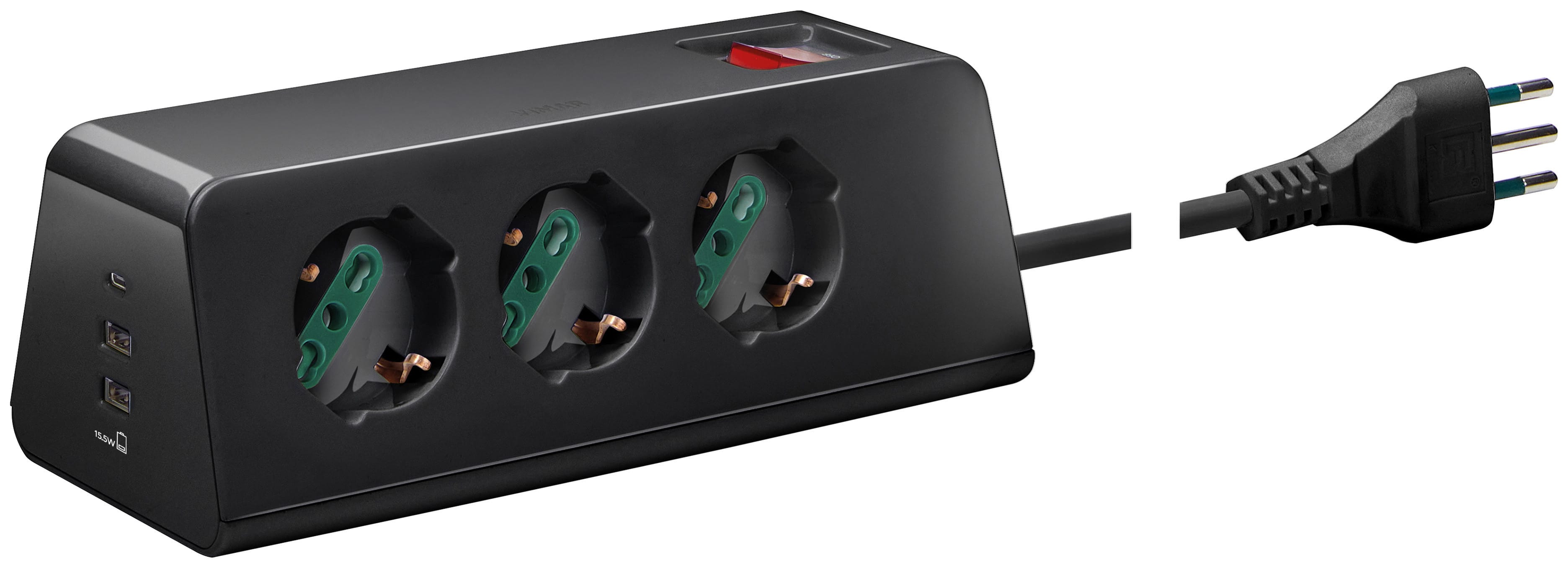 VIMAR - Presa scrivania 3 universali 3 USB S11 cbe nero, multipla 2P+T 10A 250V, 3 uscite SICURY, USB 15,5W, cavo 2m, spina S11.