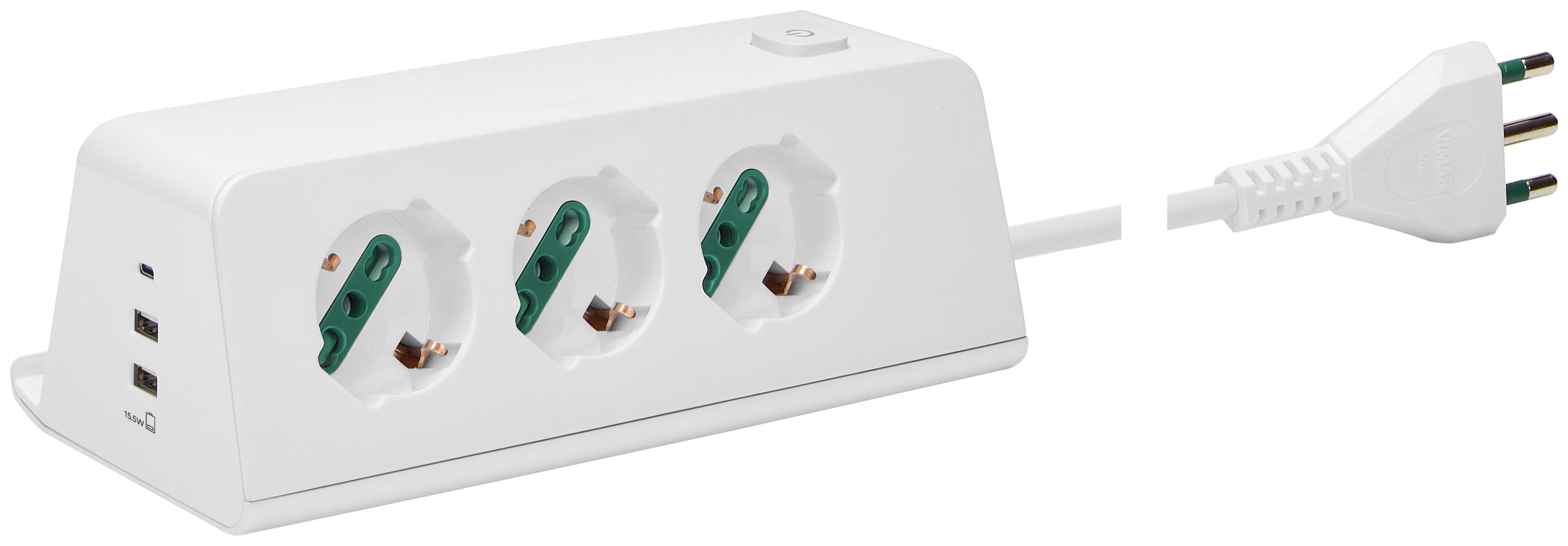 VIMAR - Presa Scrivania con 3 Uscite USB e Carica Wireless, Interruttore 2P 16A, Alimentatore USB 15,5W, Spina 2P+T 16A Bianca 00609.CC.B