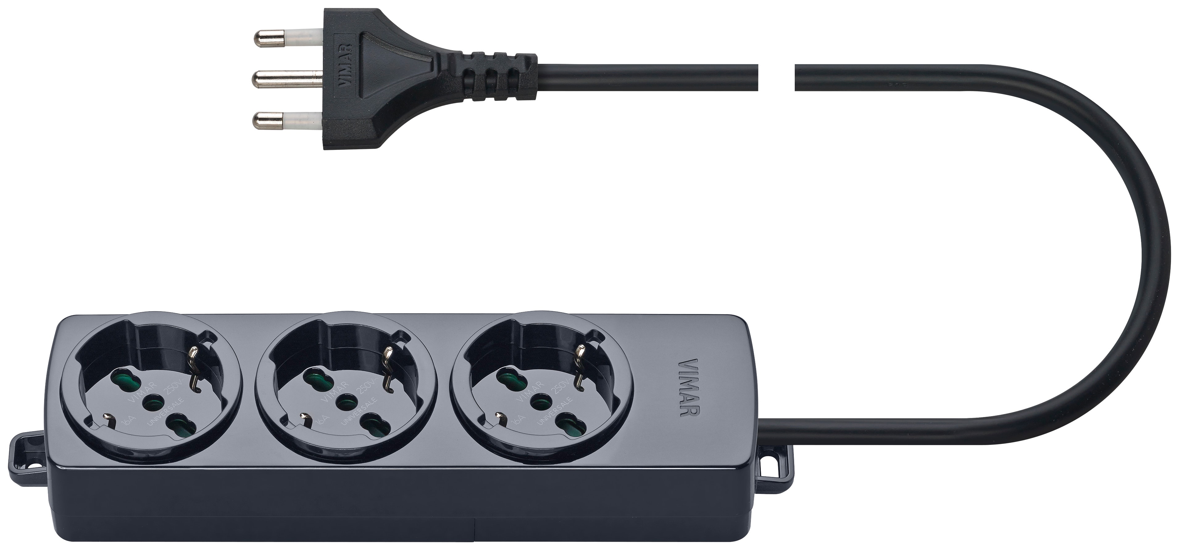 VIMAR - Presa Multipla Universale con 3 Uscite Sicury Standard Italiano, Cavo Nero da 2m, 16A 250V~, 3 Conduttori 1,5mm2, Spina 2P+T 16A S17, Potenza 3680W 01290.CC
