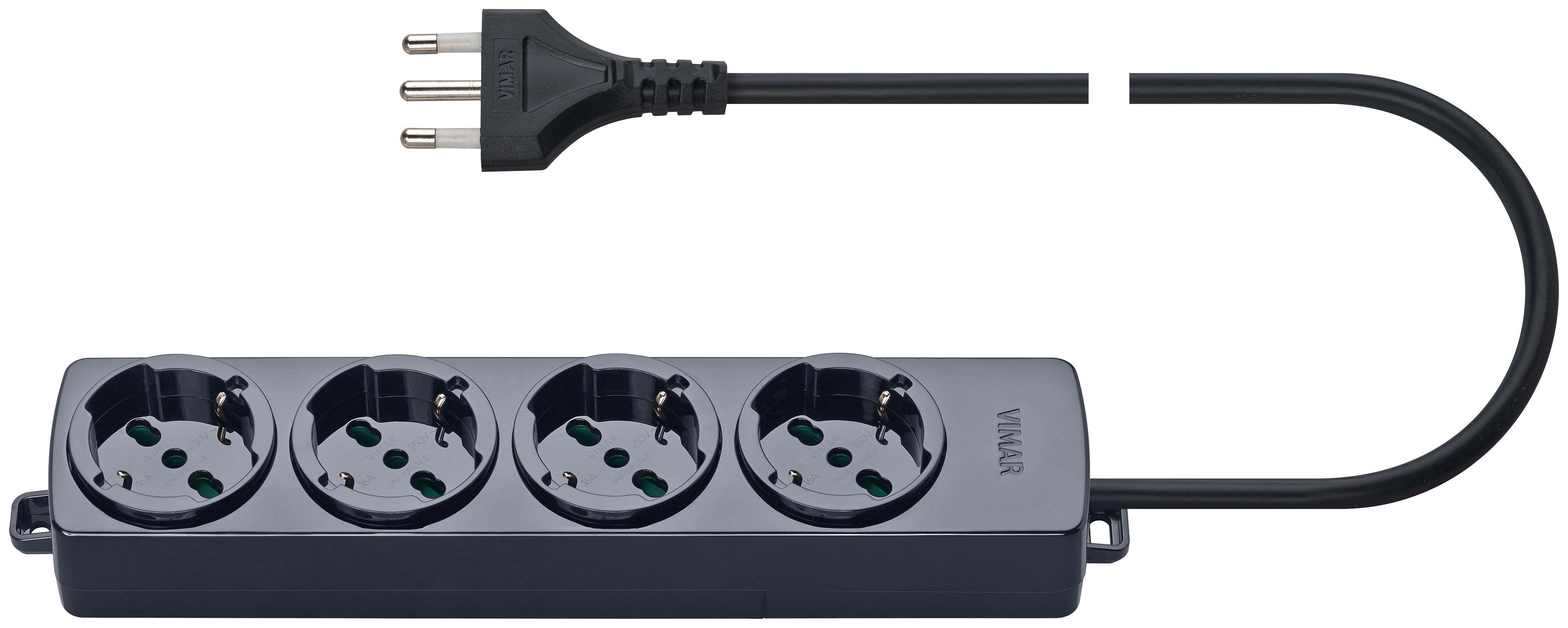 VIMAR - Presa Multipla Universale 4 Uscite Sicury Standard Italiano 16A 250V, Cavo 2M 3 Conduttori 1,5mm2, Spina 16A S17, Potenza Massima 3680W 01292.CC