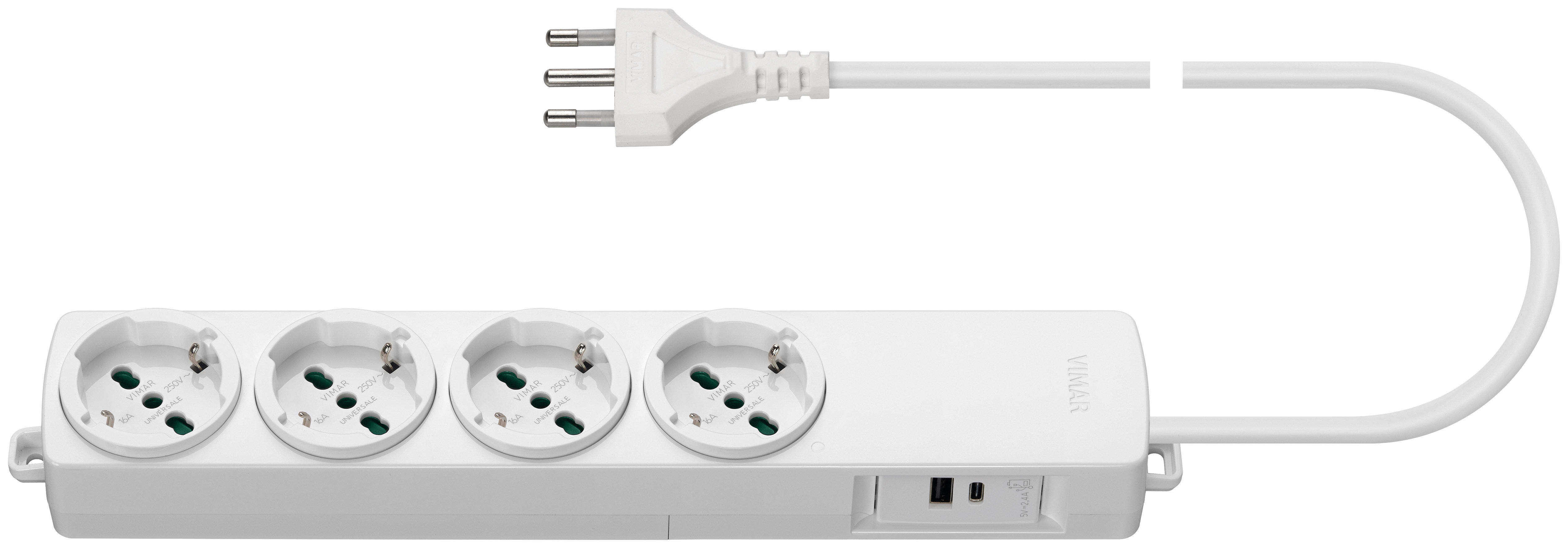 VIMAR - Presa Multipla 4 Uscite Bianco con Usb A e C, Alimentatore 12W, Cavo 2m, Spina 16A, Sicury Standard Italiano 01296.2USB.CC.B