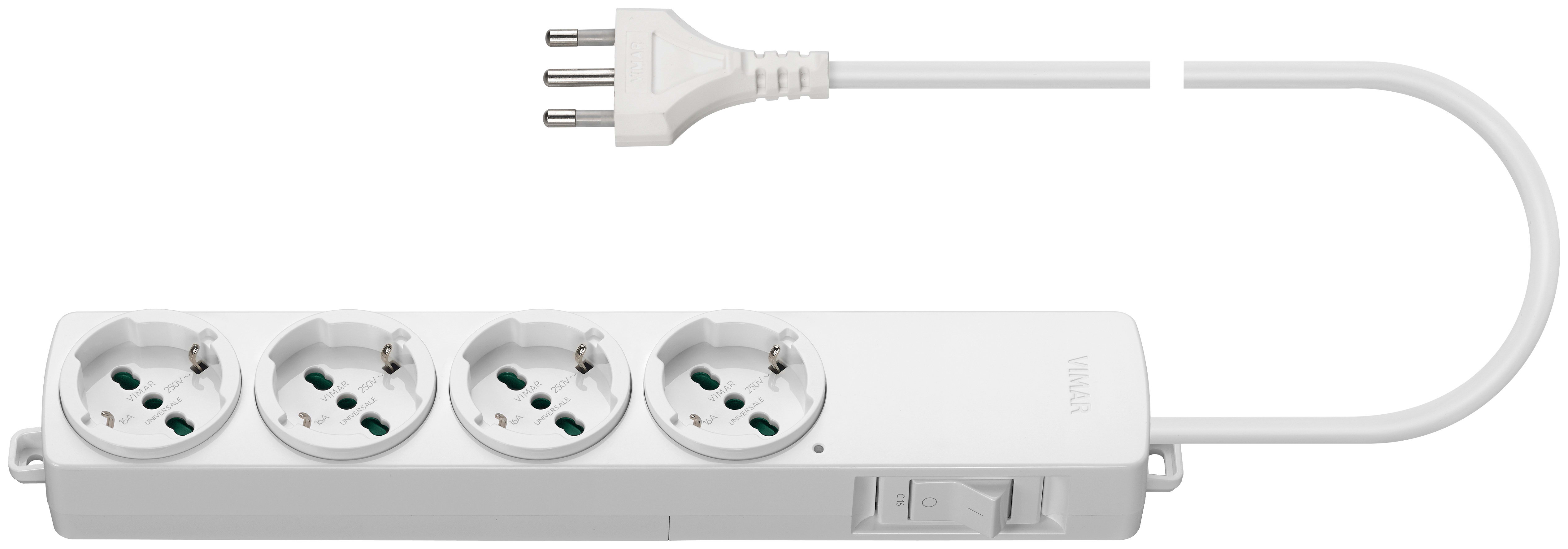 VIMAR - Presa multipla universale 4 uscite con interruttore magnetotermico, cavo 2 m, spina 16 A, potenza 3680 W, bianco.