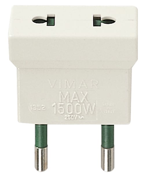 VIMAR - Adattatore S10 Bianco Sicury 250V 1500W - Spina 2P 10A Standard Italiano Presa Euro-Americana Ø 4mm