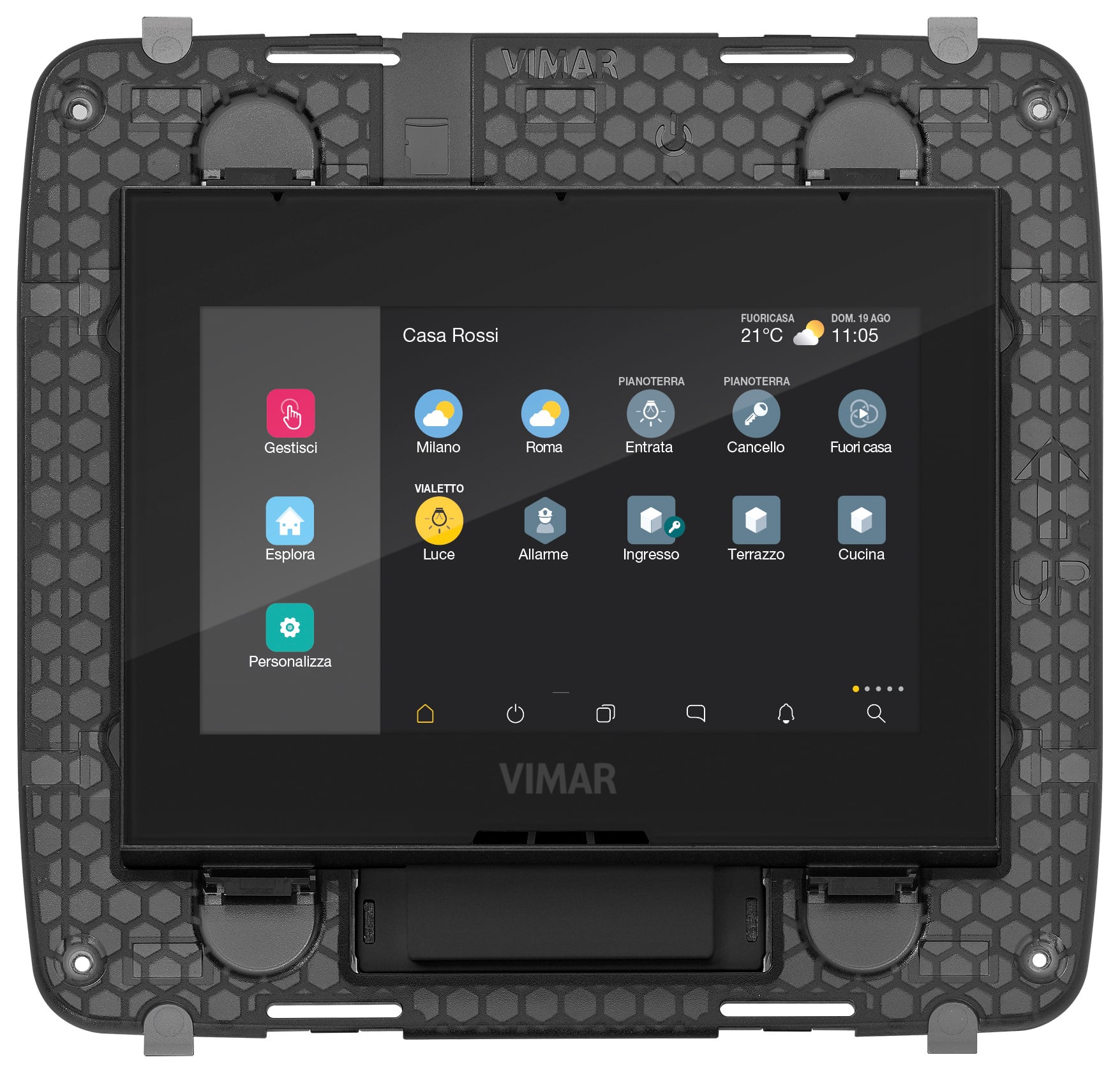VIMAR - Touch screen domotico IP 4,3 pollici PoE 8M nero, display capacitivo, supervisore domotico, videocitofono IP, telecamere, TVCC, incasso 8 moduli.
