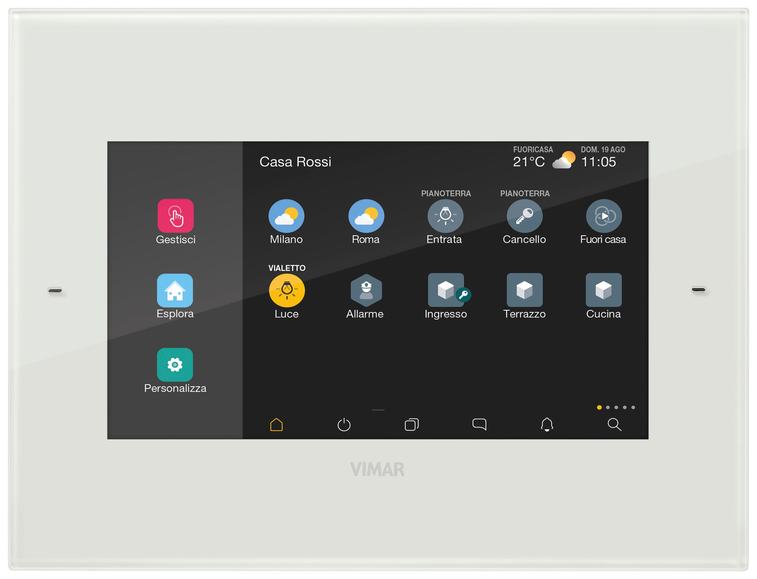 VIMAR - Touch screen domotico IP 7in bianco, display capacitivo, supervisore domotico, videocitofono, telecamere IP, PoE o 12-30 Vdc, installazione a parete.