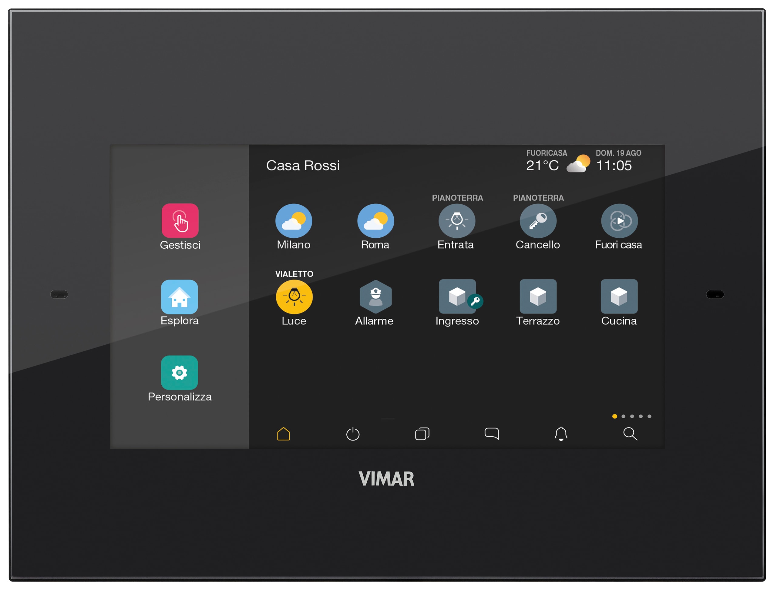 VIMAR - Touch screen domotico IP 7in nero, display a colori capacitivo, supervisore domotico, videocitofono IP, telecamere IP, PoE o 12-30 Vdc, installazione a parete. 01422