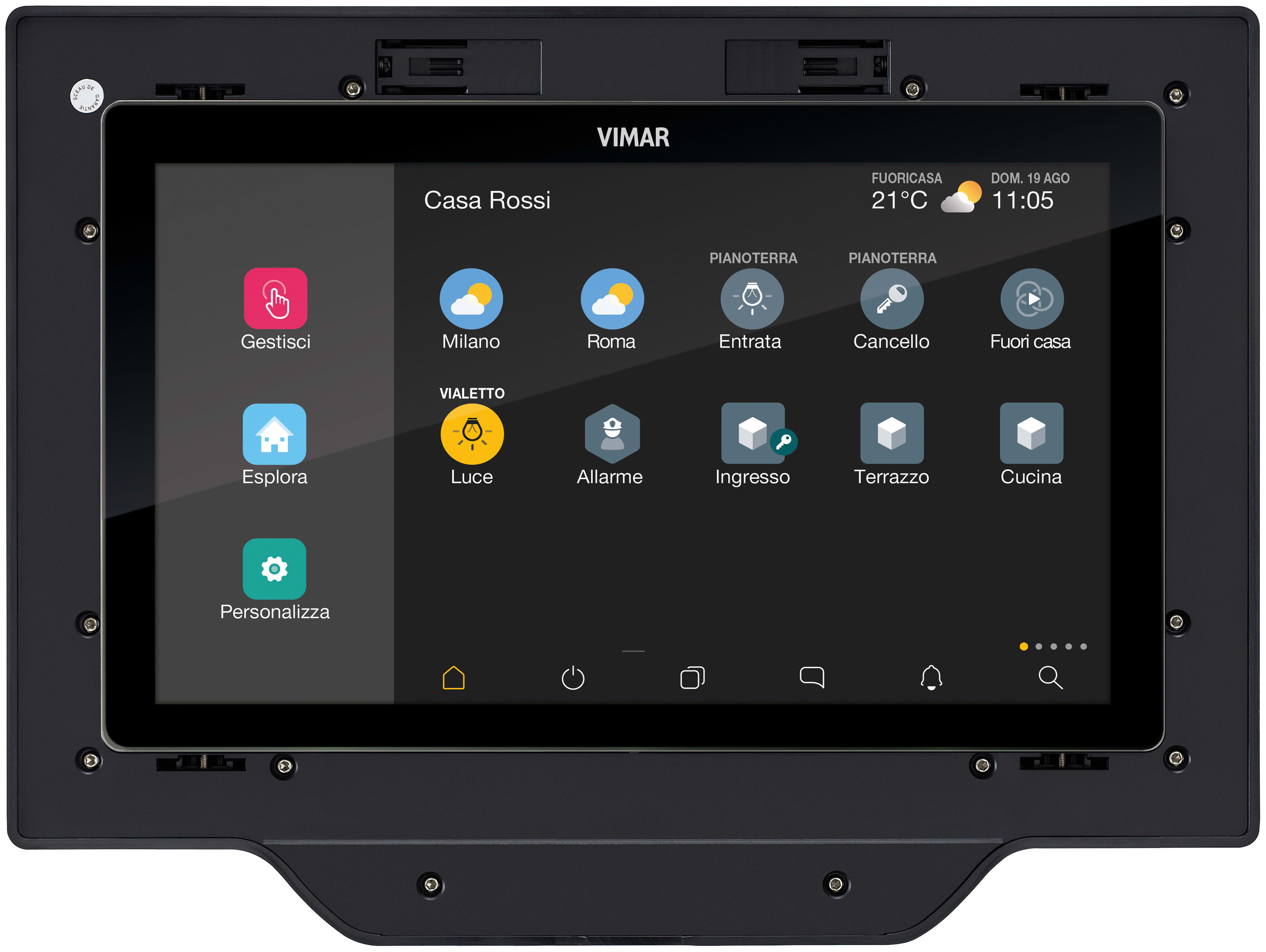 VIMAR - Touch screen domotico IP 10in nero, supervisione domotica, videocitofono IP/Due Fili Plus, gestione telecamere, PoE o 12-30 Vdc, supporto 8 moduli. 01425