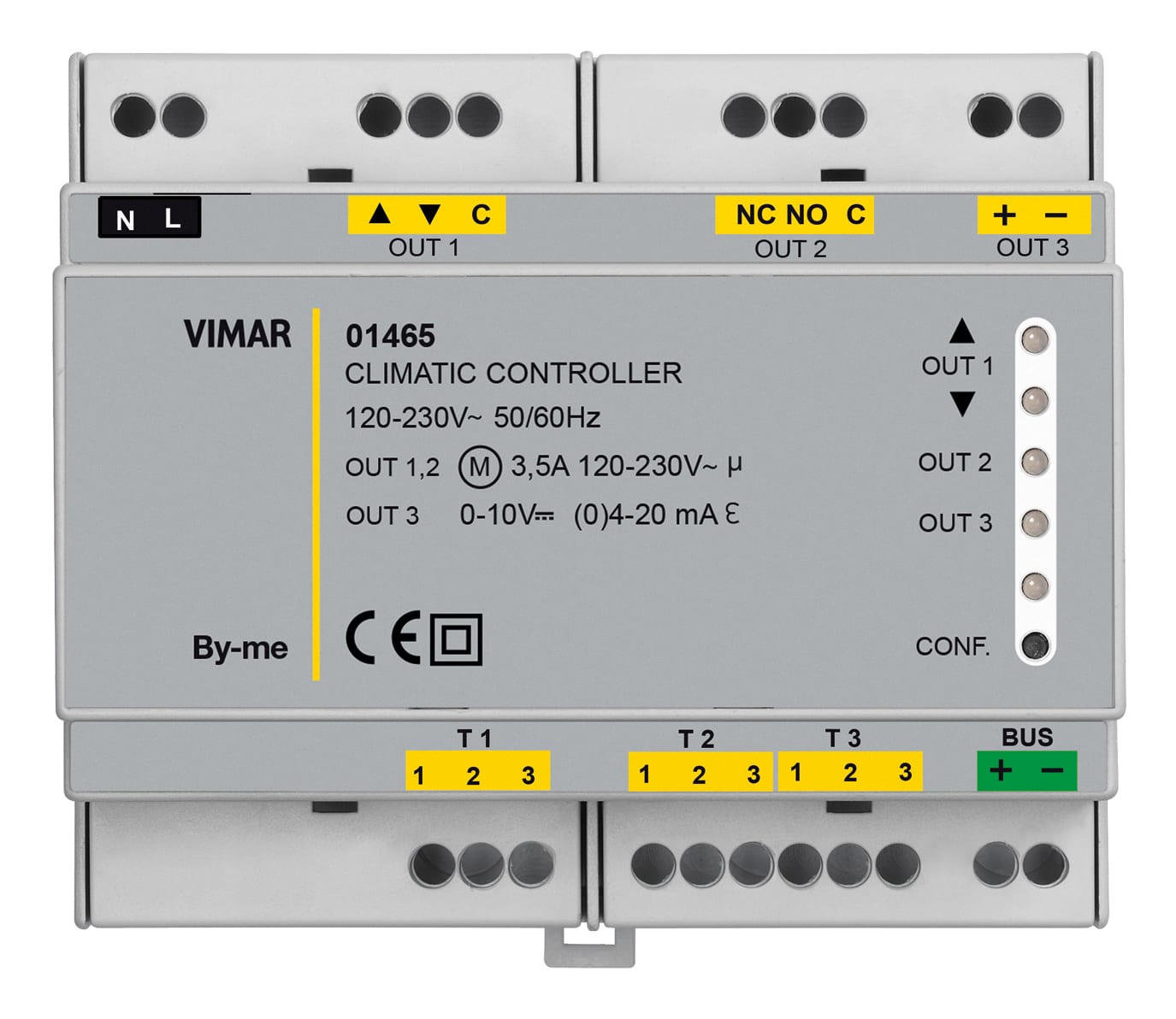 VIMAR - Regolatore climatico per impianti termici, controllo temperatura classe II, alimentazione 120-230 V, 3 ingressi sonde, 1 uscita valvola, guida DIN.