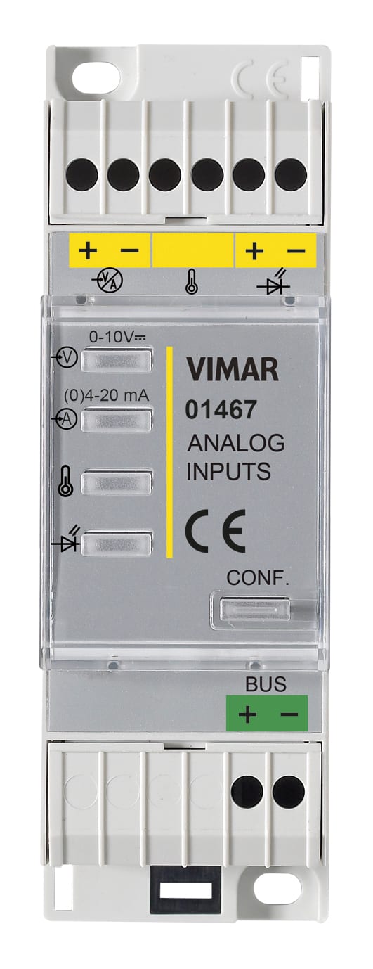 VIMAR - Interfaccia domotica con 3 ingressi analogici, 1 ingresso 0-10 V o 4-20 mA, sensore NTC, sensore luminosità, guida DIN, 2 moduli 17,5 mm.
