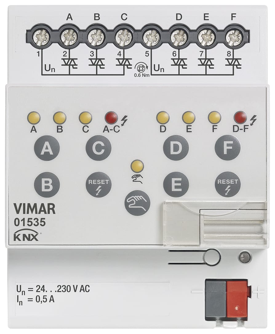 VIMAR - Attuatore Elettrovalvole 6 Uscite 230V KNX Pulsanti Comando Locale Guida DIN 4 Moduli 01535