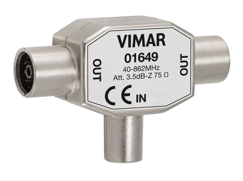 VIMAR - Adattatore Multiplo TV Coassiale Induttivo Z 75 Ohm Attenuazione 3,5 dB Spina Ø 9,5 IEC Presa Ø 9,5 IEC 2 Uscite 01649