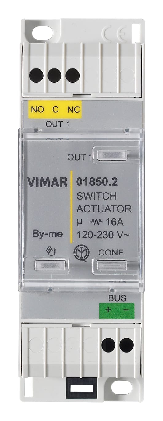 VIMAR - Attuatore ribassato con uscita a relè in scambio 16 A 120-230 V~, funzione pompa, pulsante locale, distanziatore rimovibile, 2 moduli DIN.
