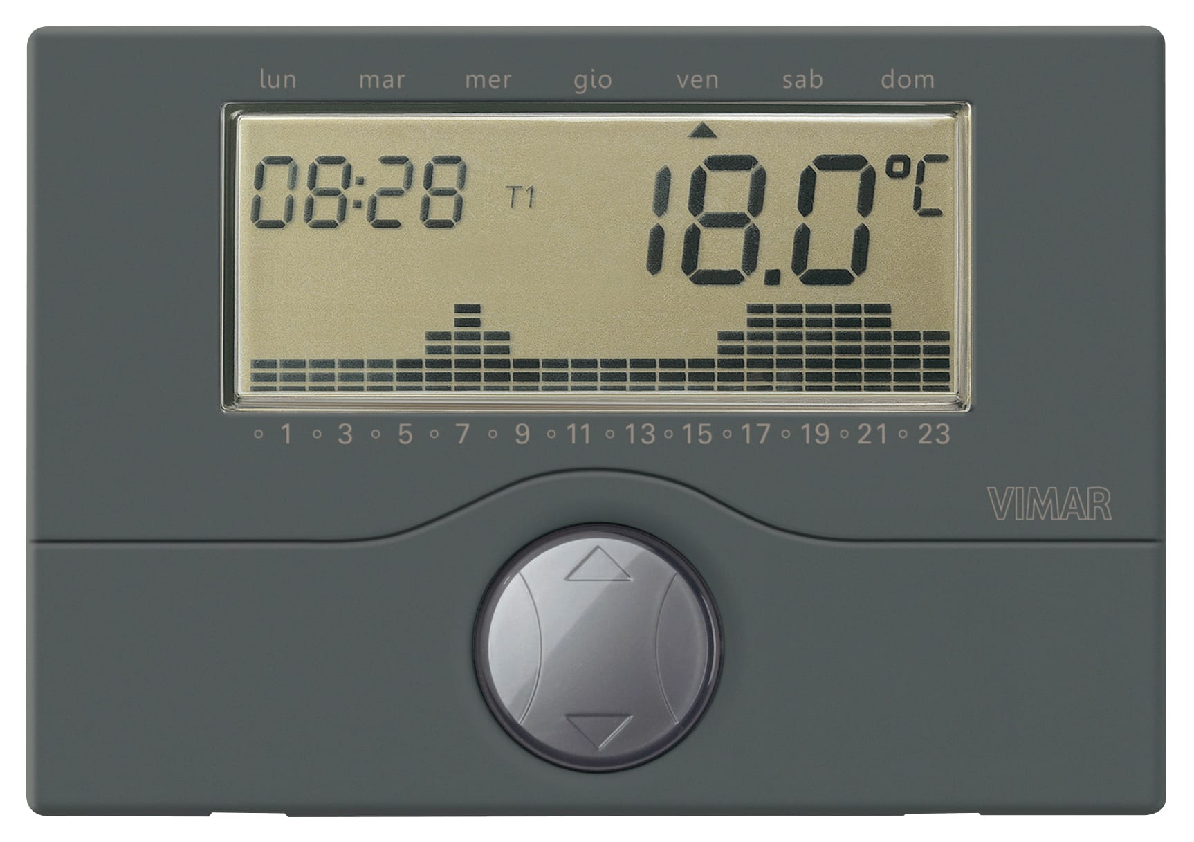 VIMAR - Cronotermostato a batteria parete antracite, controllo ON/OFF temperatura ambiente, programmazione giornaliera/settimanale, uscita relè 5(2) A 250 V, alimentazione AA.