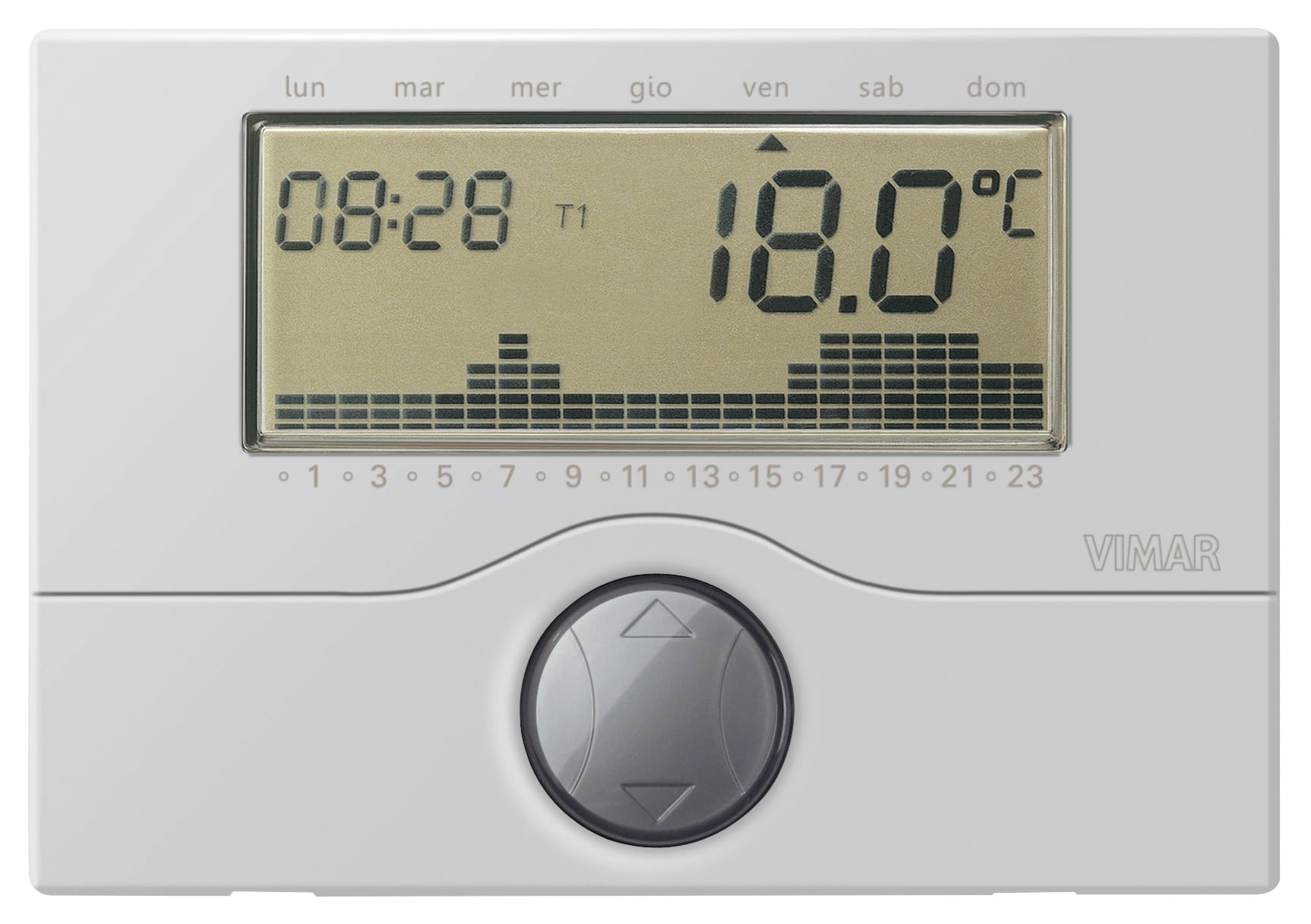 VIMAR - Cronotermostato a batteria parete silver, controllo ON/OFF temperatura ambiente, programmazione giornaliera/settimanale, uscita relè 5(2) A 250 V.