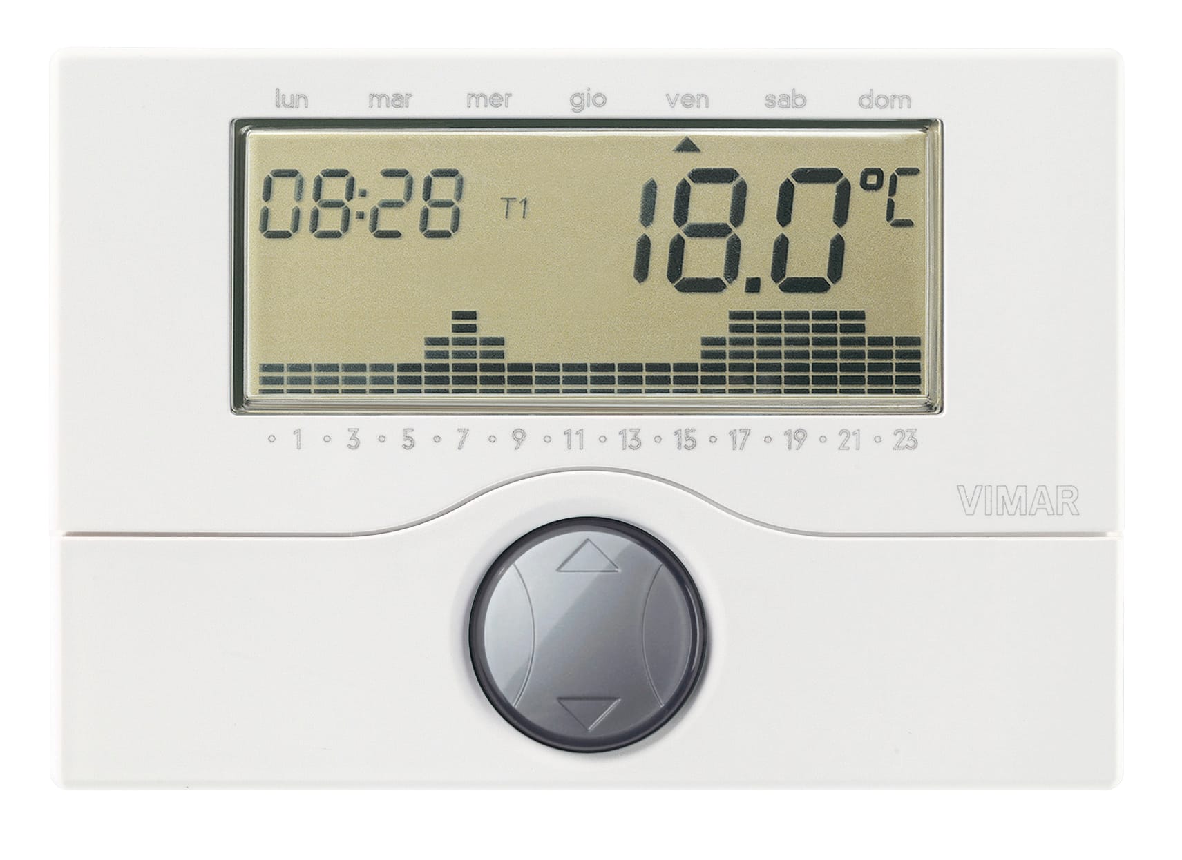 VIMAR - Cronotermostato bianco a parete, controllo ON/OFF temperatura, programmazione giornaliera/settimanale, alimentazione a batterie AA, uscita relè 5(2) A.