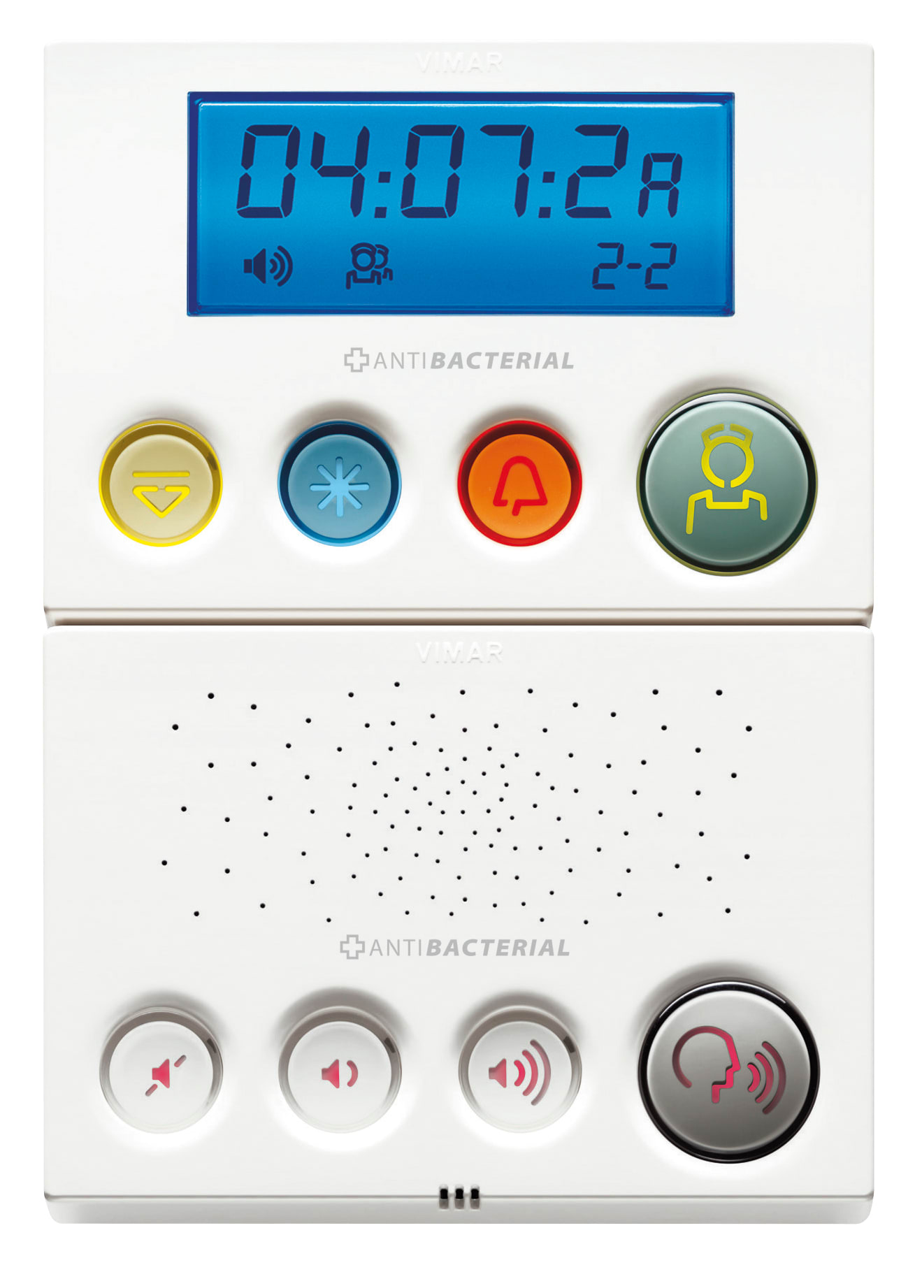 VIMAR - Terminale display e fonico antibatterico, alimentazione 24 Vdc, cavo flat, base doppia per installazione semi-incassata, bianco.