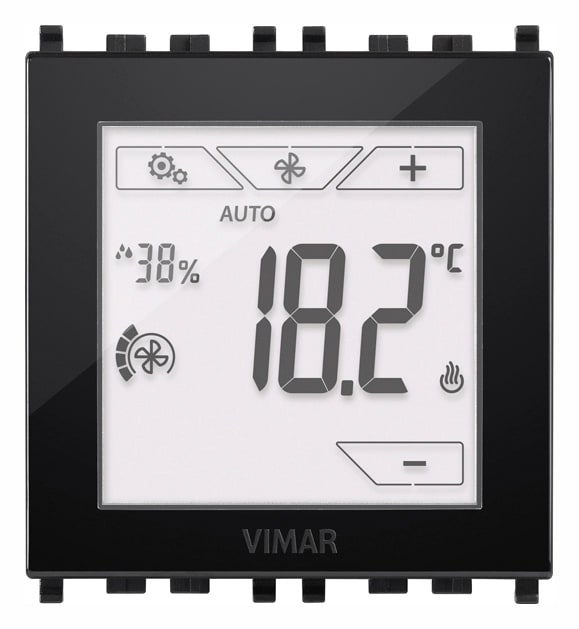 VIMAR - Termostato Touch Domotico Nero - Controllo Temperatura Ambiente, Impianti 2 e 4 Tubi, Fan-Coil 3 Velocità, Sensore Ntc, Led Rgb, Uscite Analogiche.
