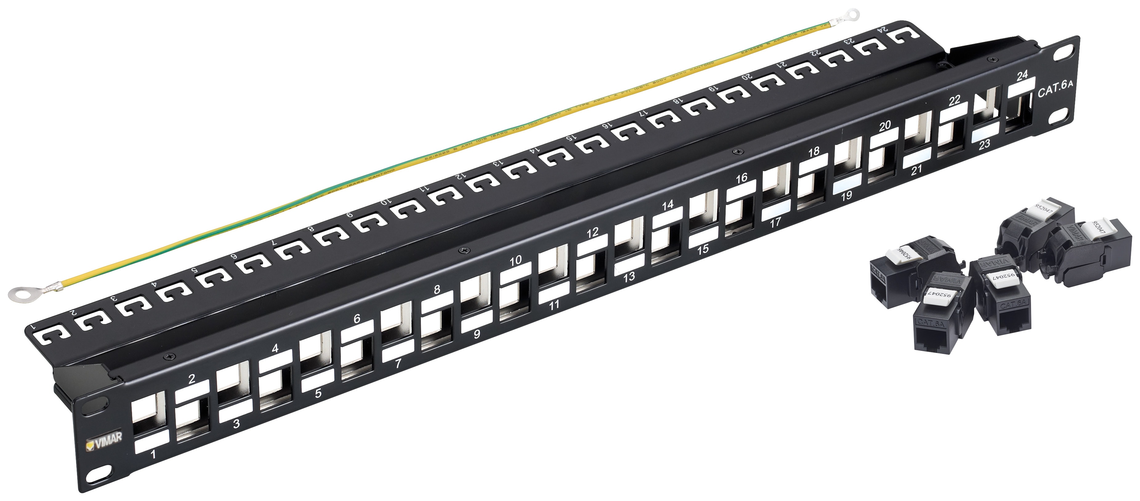 VIMAR - Pannello 24 RJ45 Cat6A UTP 1u, permutazione 19 in, 24 connettori RJ45 Cat. 6A, non schermati, cablaggio T568A/B, 8 contatti, morsetti senza utensile.